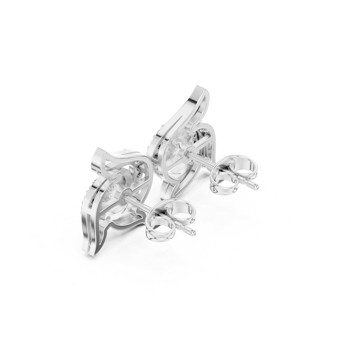 Wing Scroll Round Diamond Stud Earrings