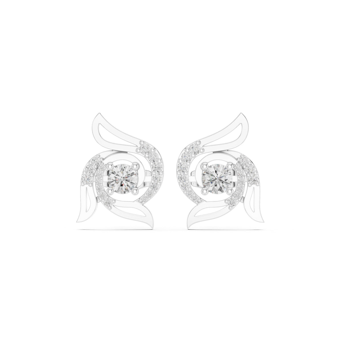 Wing Scroll Round Diamond Stud Earrings