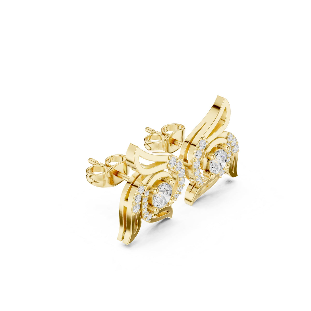 Wing Scroll Round Diamond Stud Earrings
