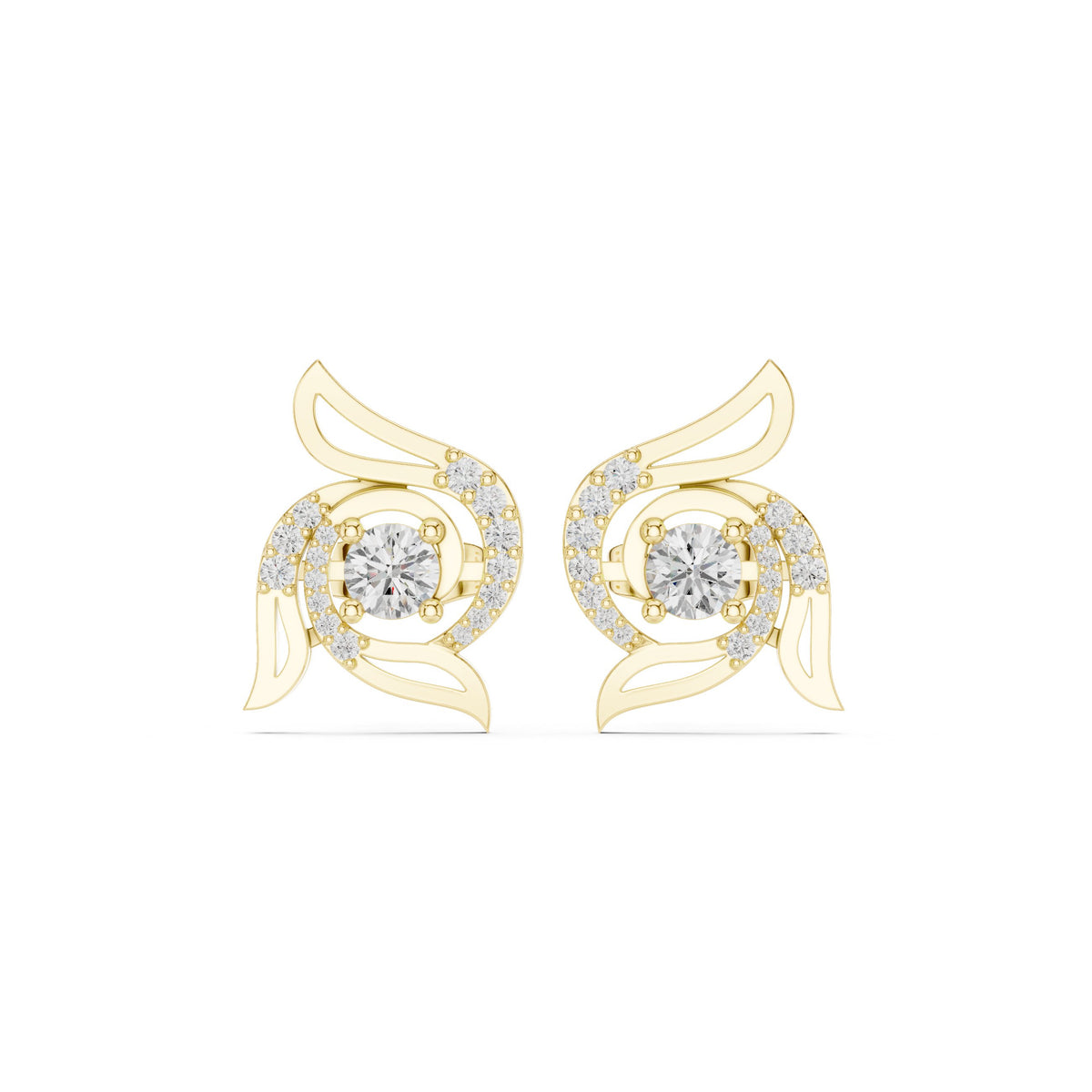 Wing Scroll Round Diamond Stud Earrings