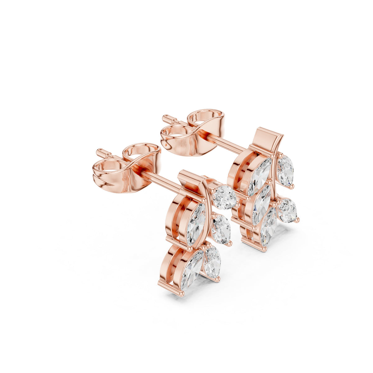 Marquise Leaf Sprig Diamond Stud Earrings in Rose Gold - VYKA Diamonds