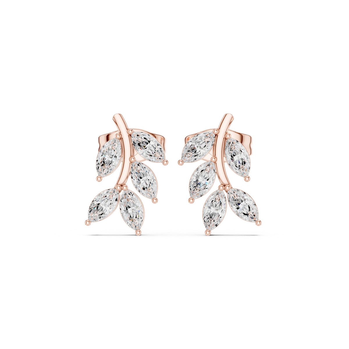 Marquise Leaf Sprig Diamond Stud Earrings in Rose Gold - VYKA Diamonds