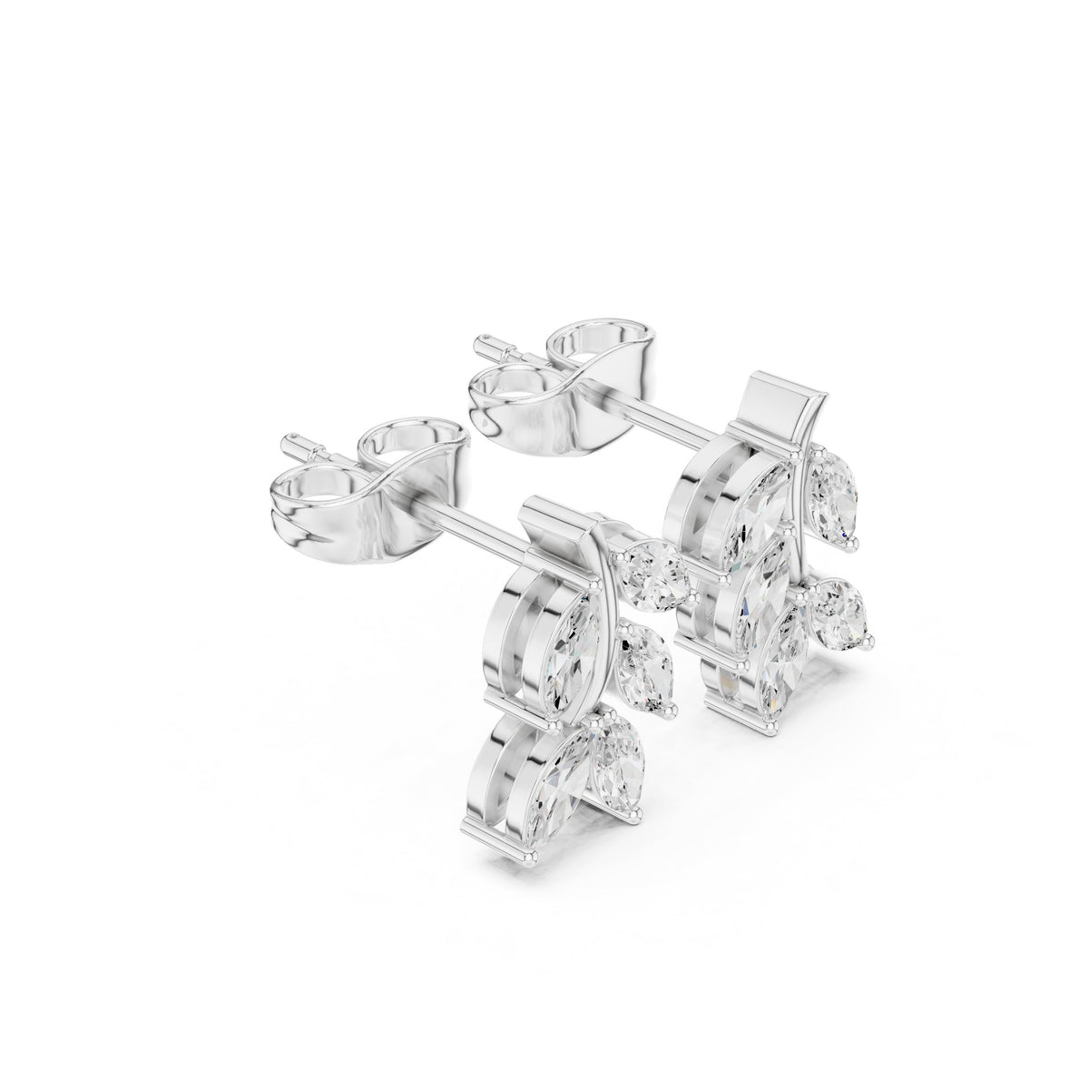 Marquise Leaf Sprig Diamond Stud Earrings in White Gold - VYKA Diamonds