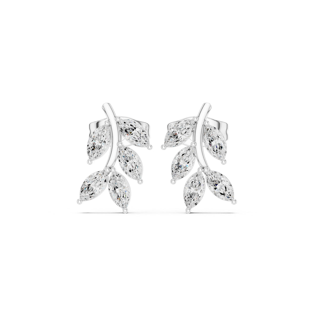 Marquise Leaf Sprig Diamond Stud Earrings in White Gold - VYKA Diamonds