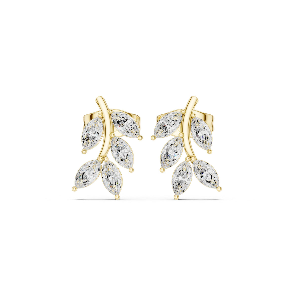 Marquise Leaf Sprig Diamond Stud Earrings in Yellow Gold - VYKA Diamonds