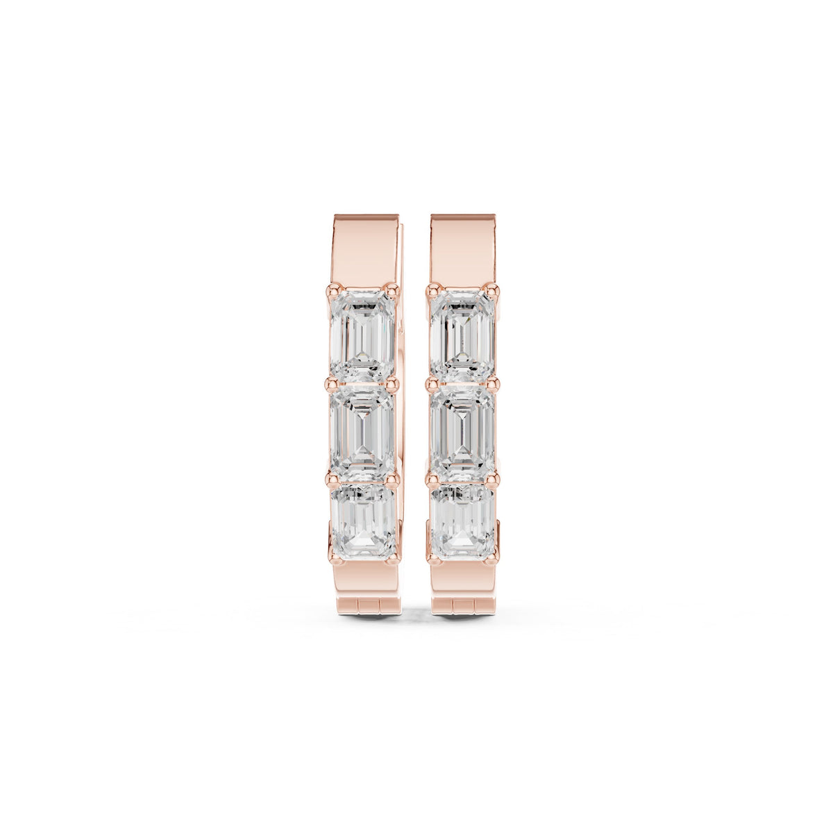 Emerald Cut Trio Diamond Huggie Earrings in Rose Gold - VYKA Diamonds