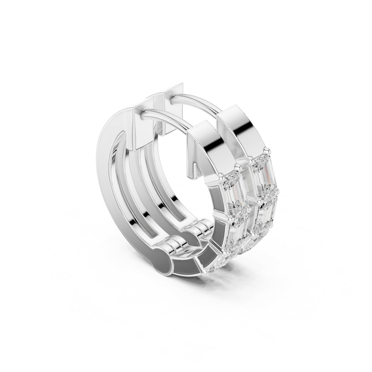 Emerald Cut Trio Diamond Huggie Earrings in White Gold - VYKA Diamonds