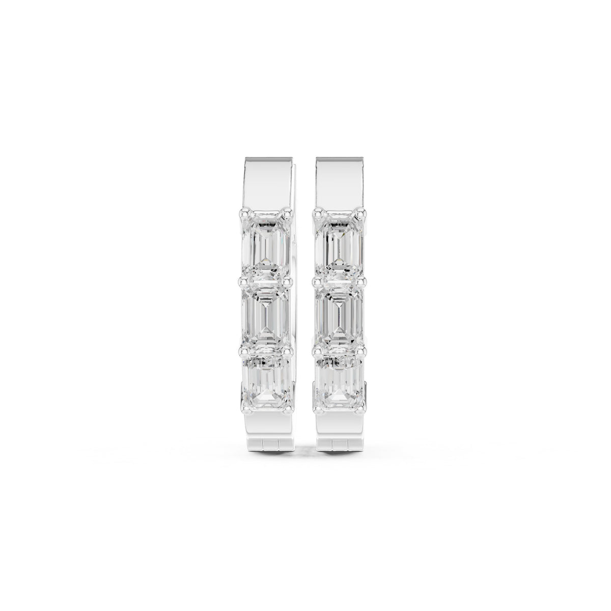 Emerald Cut Trio Diamond Huggie Earrings in White Gold - VYKA Diamonds