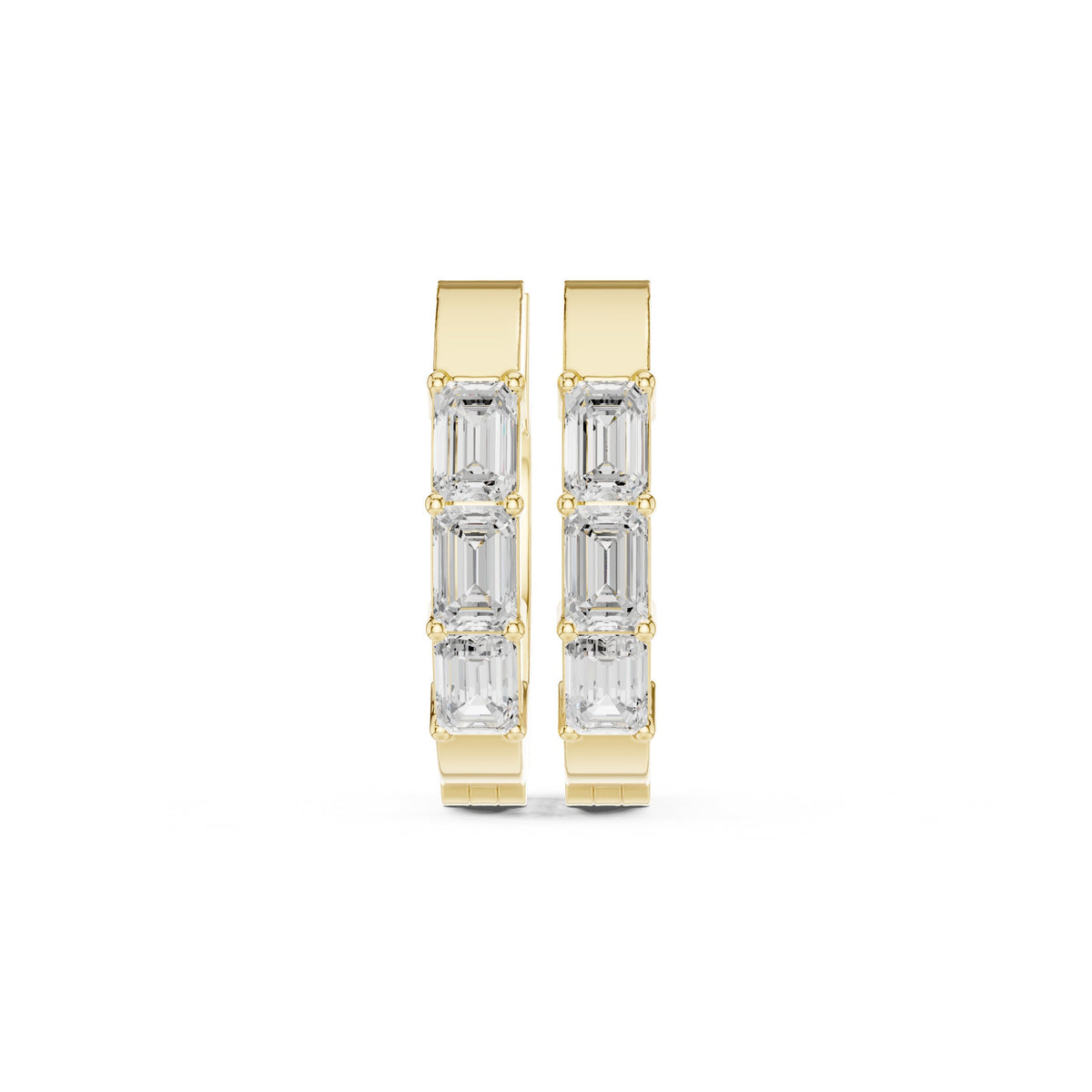 Emerald Cut Trio Diamond Huggie Earrings in Yellow Gold - VYKA Diamonds