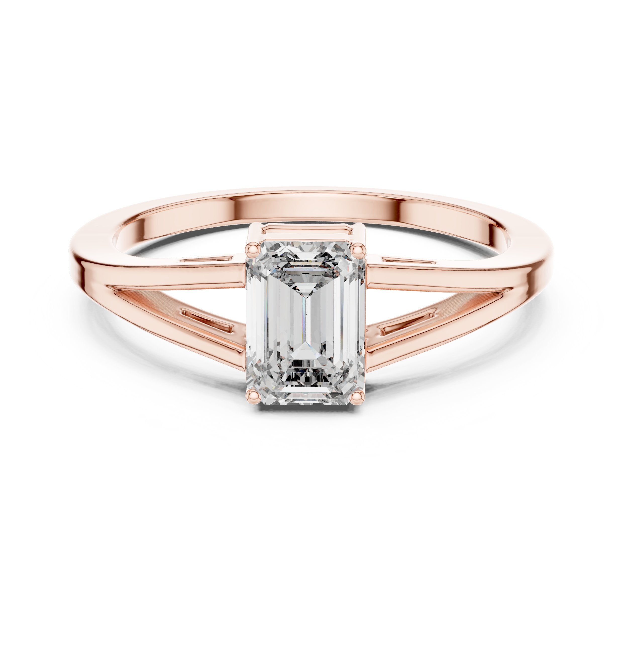 Emerald Cut Split Shank Solitaire Engagement Ring in Rose Gold - VYKA Diamonds