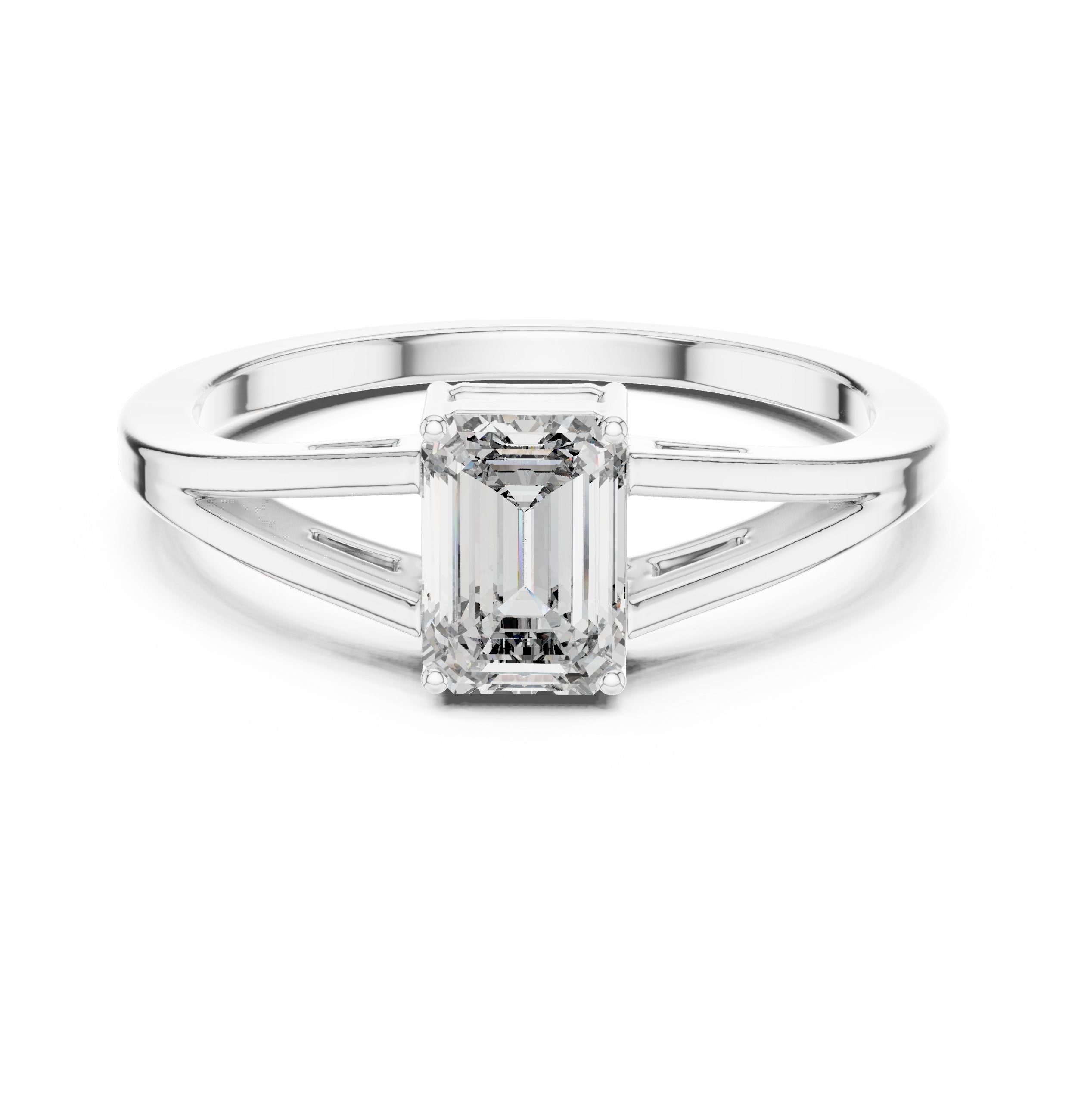 Emerald Cut Split Shank Solitaire Engagement Ring in White Gold - VYKA Diamonds