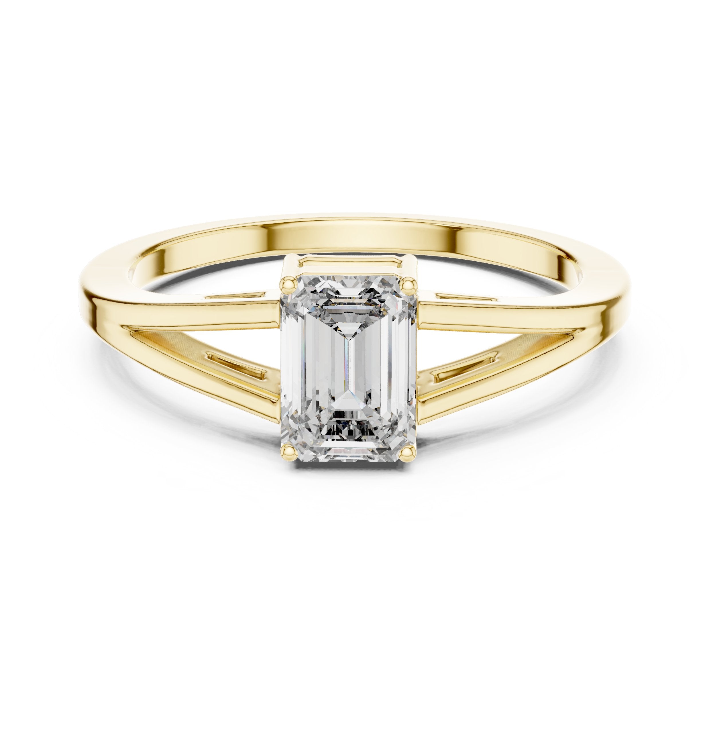 Emerald Cut Split Shank Solitaire Engagement Ring in Yellow Gold - VYKA Diamonds
