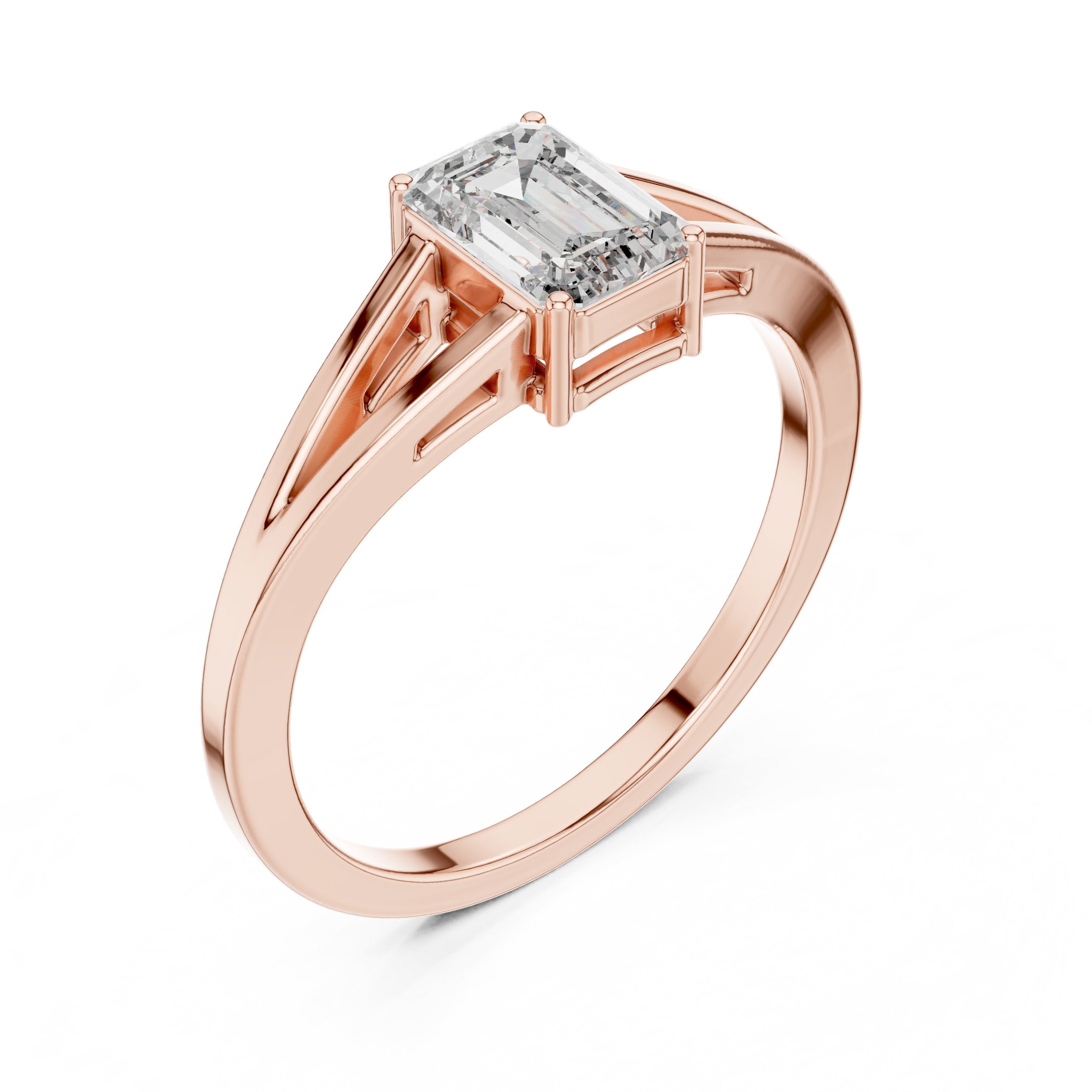 Emerald Cut Split Shank Solitaire Engagement Ring in Rose Gold - VYKA Diamonds