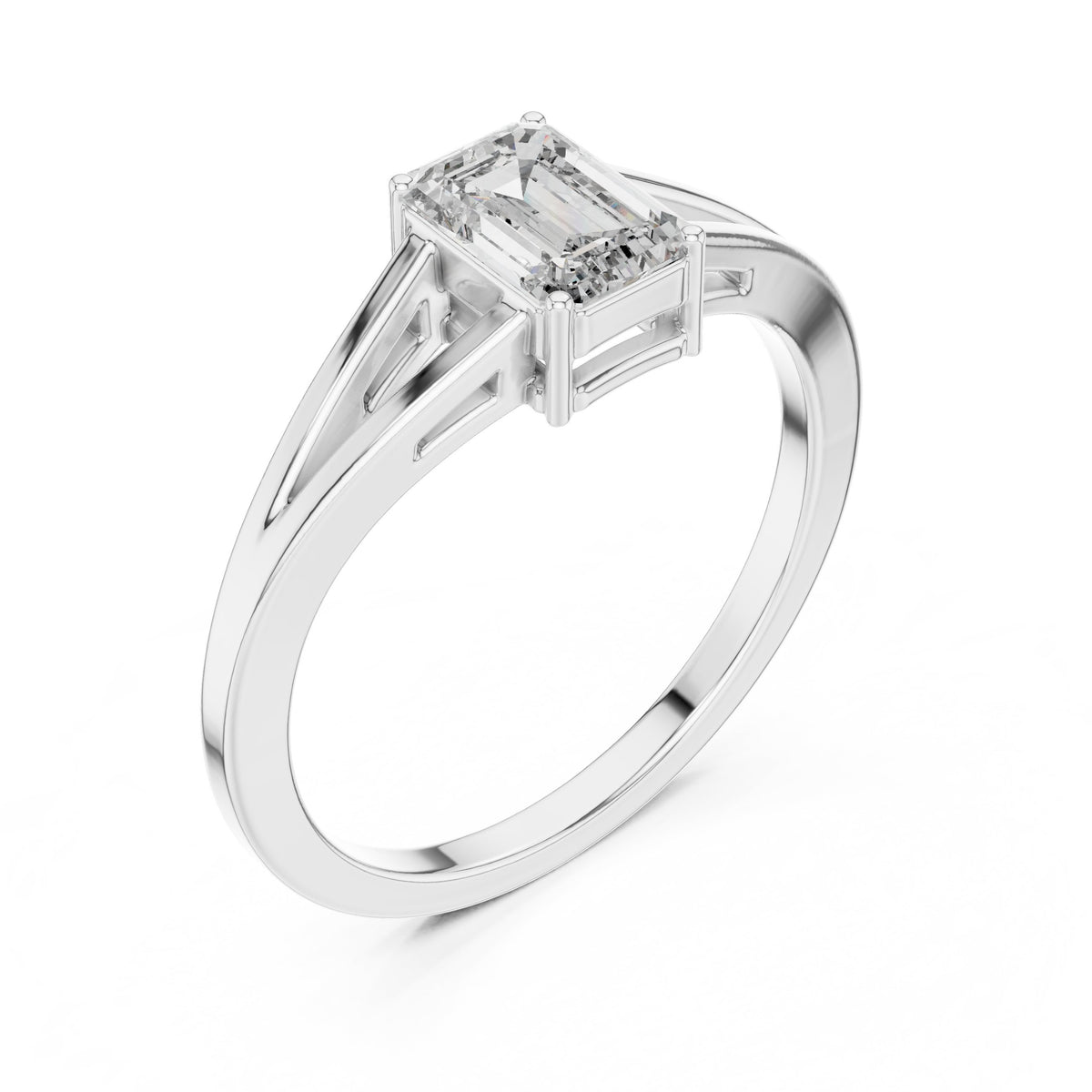 Emerald Cut Split Shank Solitaire Engagement Ring