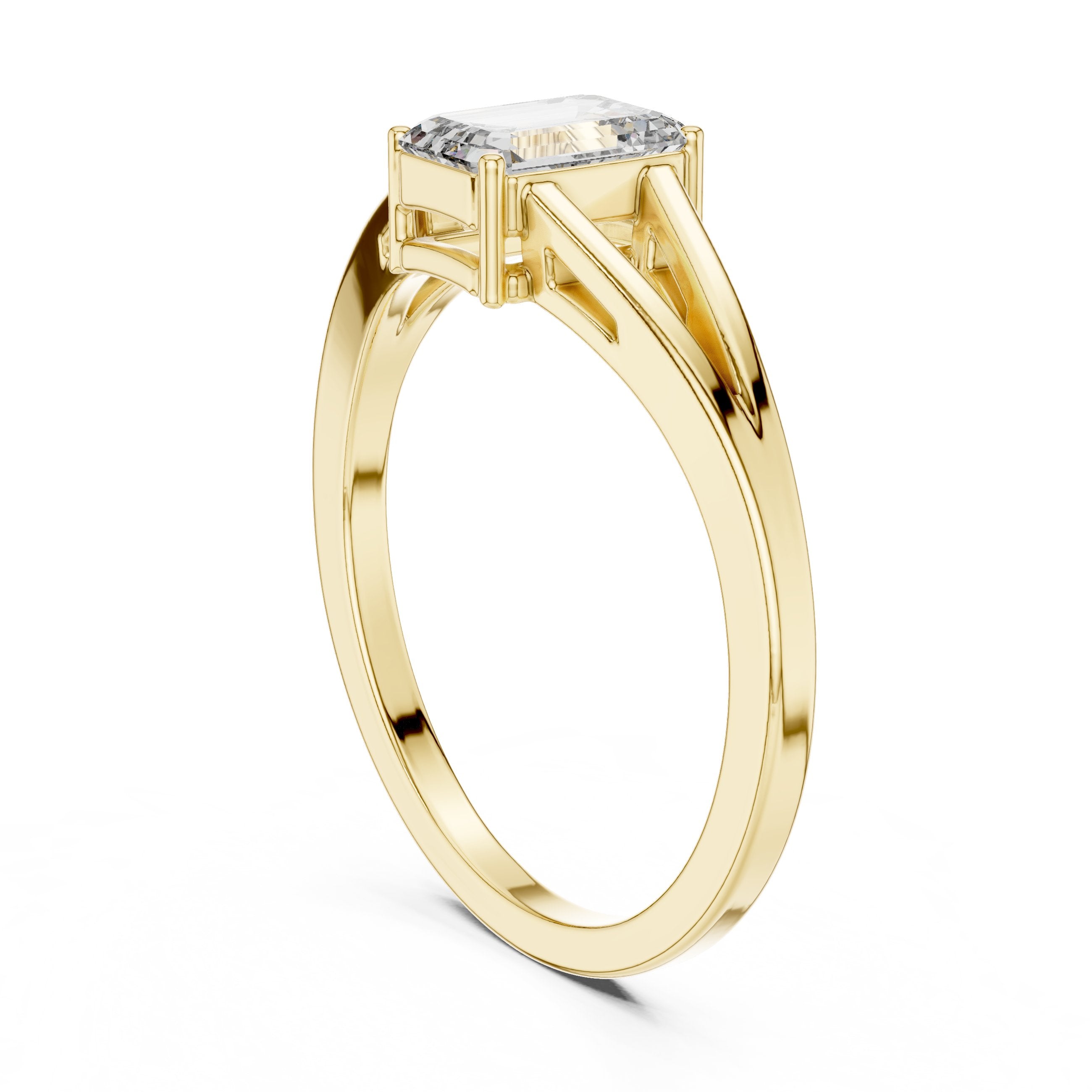 Emerald Cut Split Shank Solitaire Engagement Ring in Yellow Gold - VYKA Diamonds