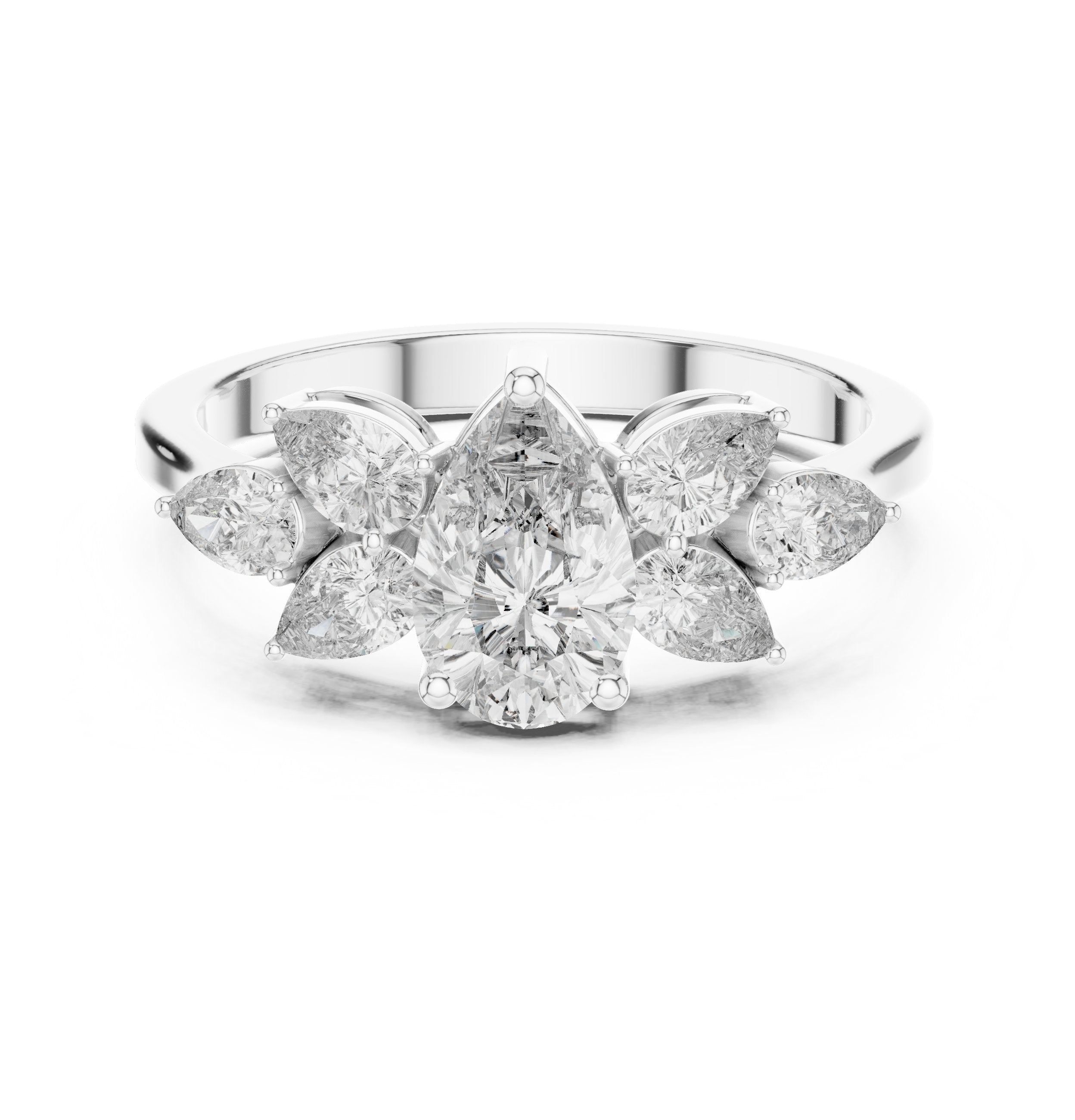 Pear Diamond Marquise Crown Halo Engagement Ring in White Gold - VYKA Diamonds
