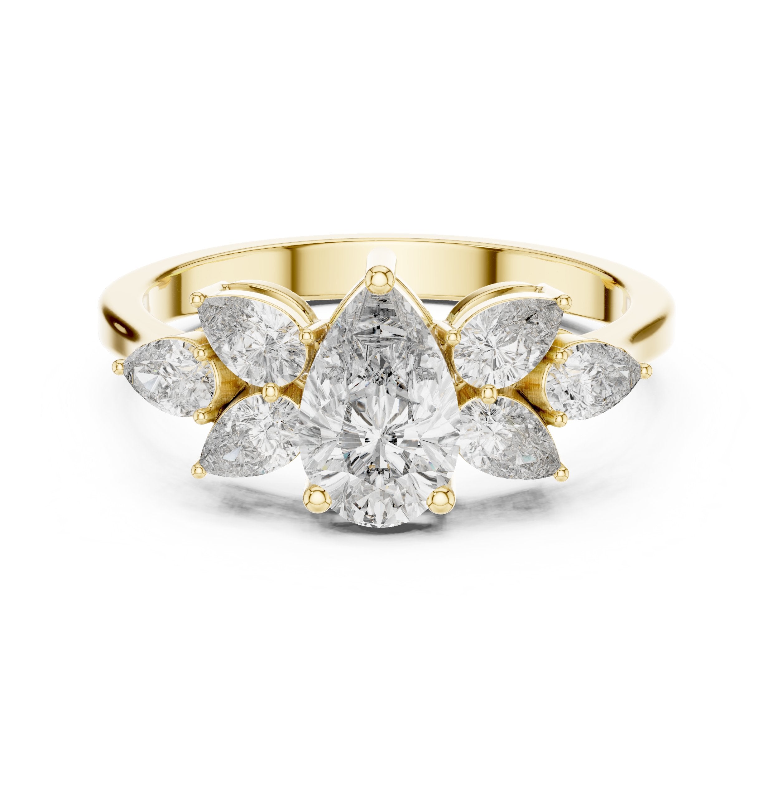Pear Diamond Marquise Crown Halo Engagement Ring in Yellow Gold - VYKA Diamonds