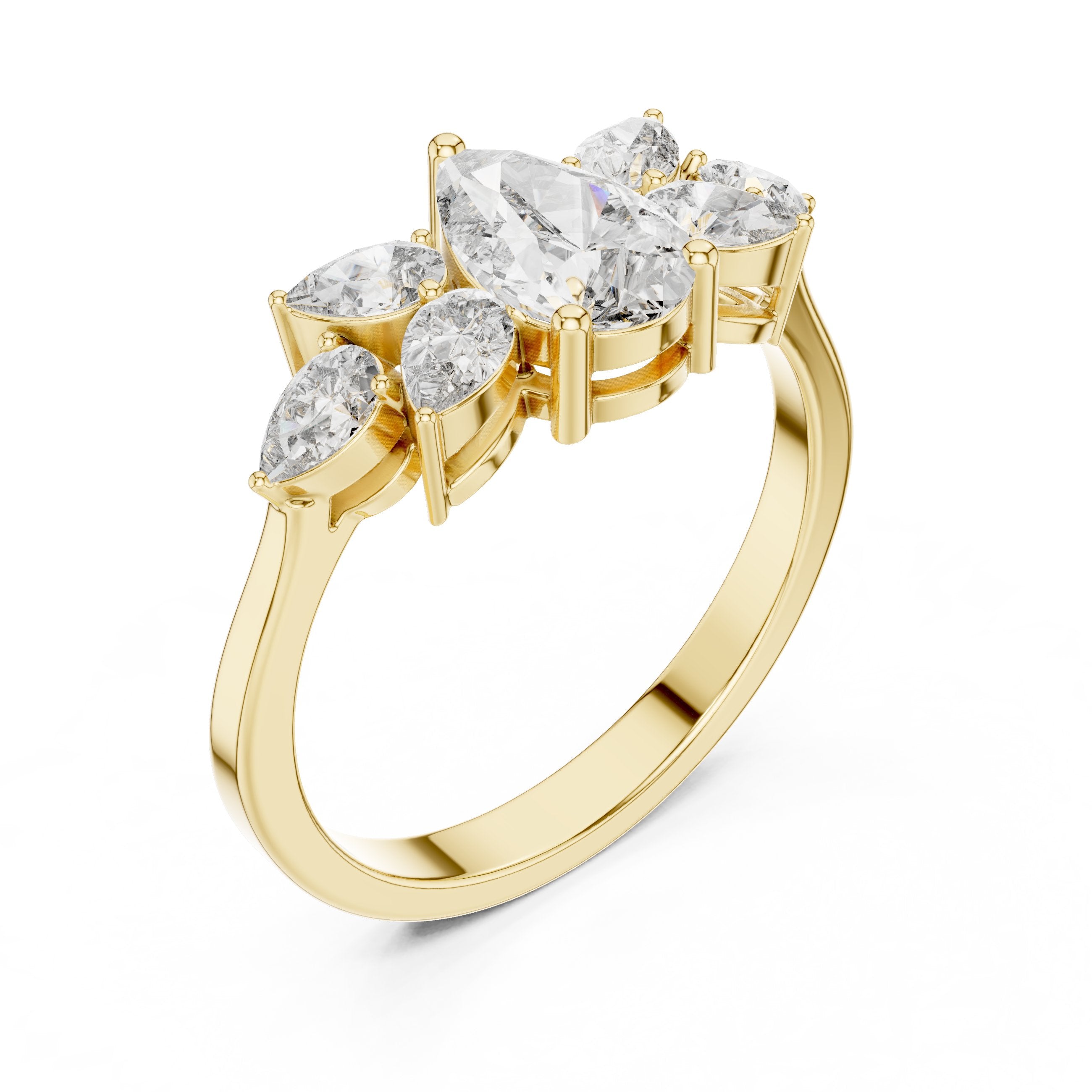 Pear Diamond Marquise Crown Halo Engagement Ring in Yellow Gold - VYKA Diamonds