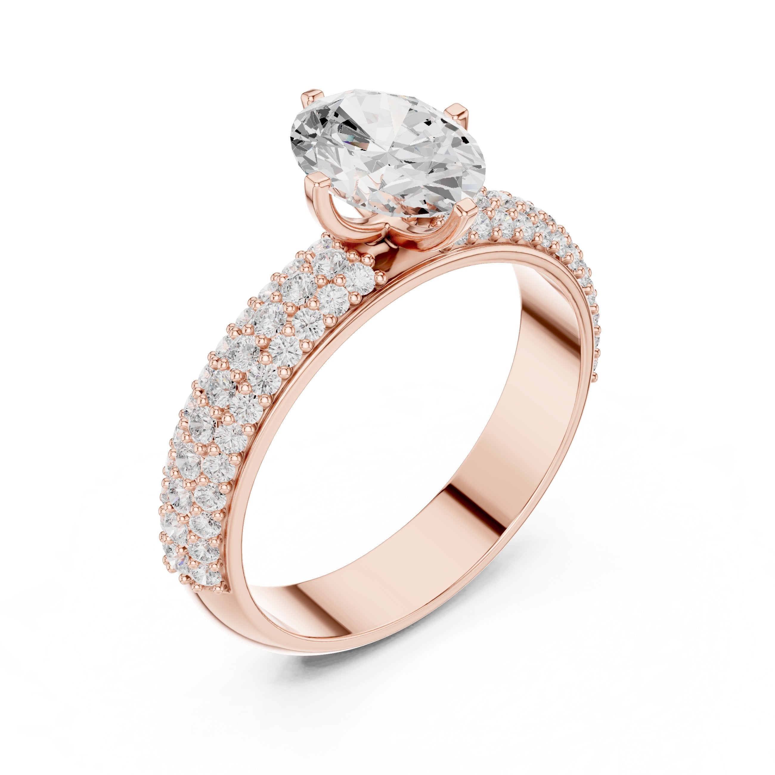 Oval Diamond Engagement Ring with Multi-Row Pavé Band in Rose Gold - VYKA Diamonds