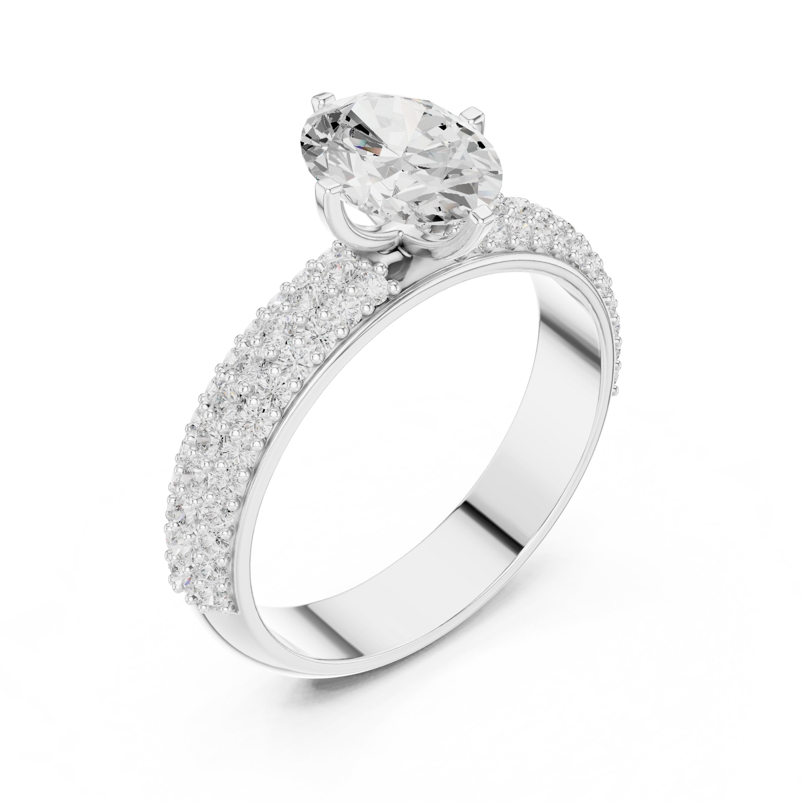 Oval Diamond Engagement Ring with Multi-Row Pavé Band in White Gold - VYKA Diamonds