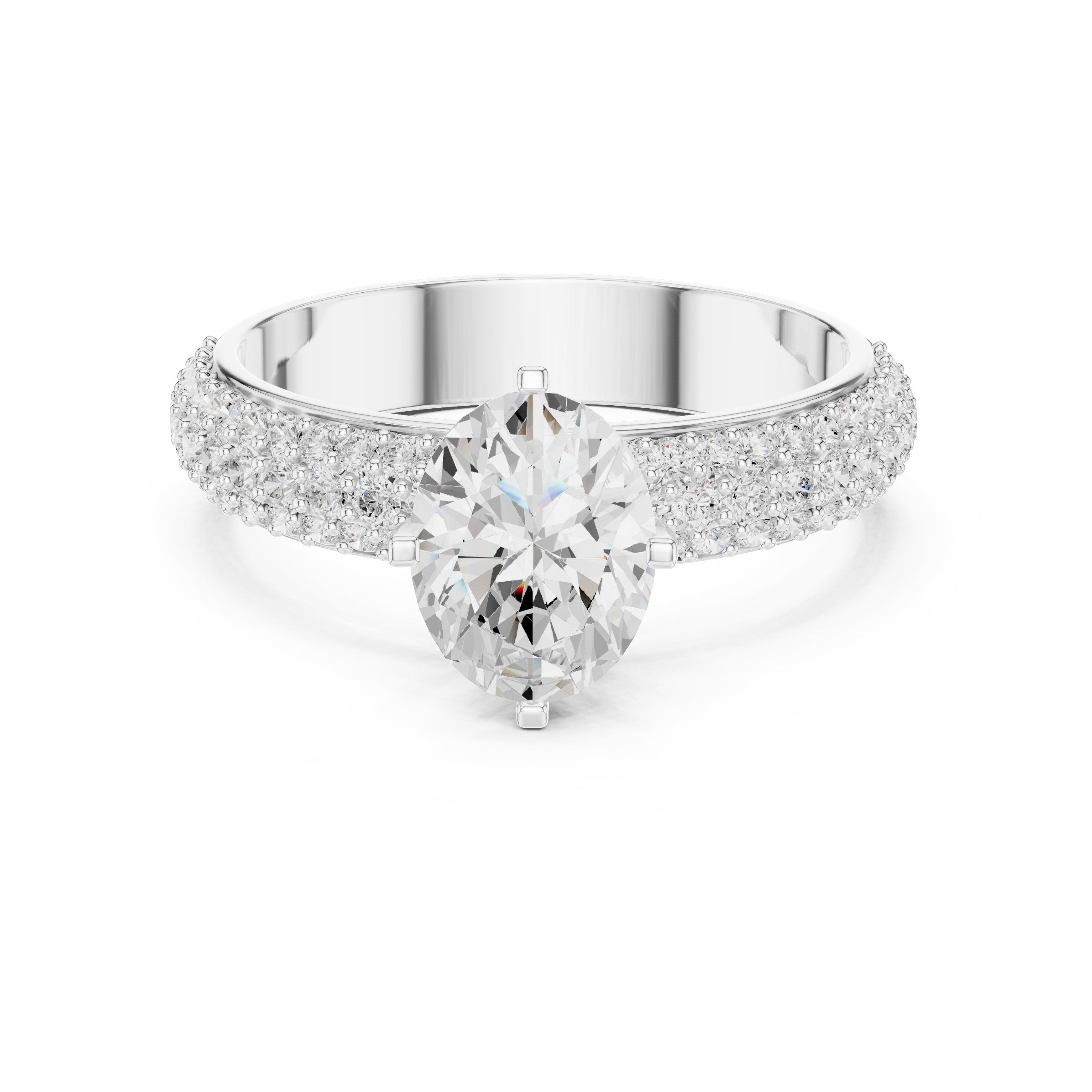 Oval Diamond Engagement Ring with Multi-Row Pavé Band in White Gold - VYKA Diamonds
