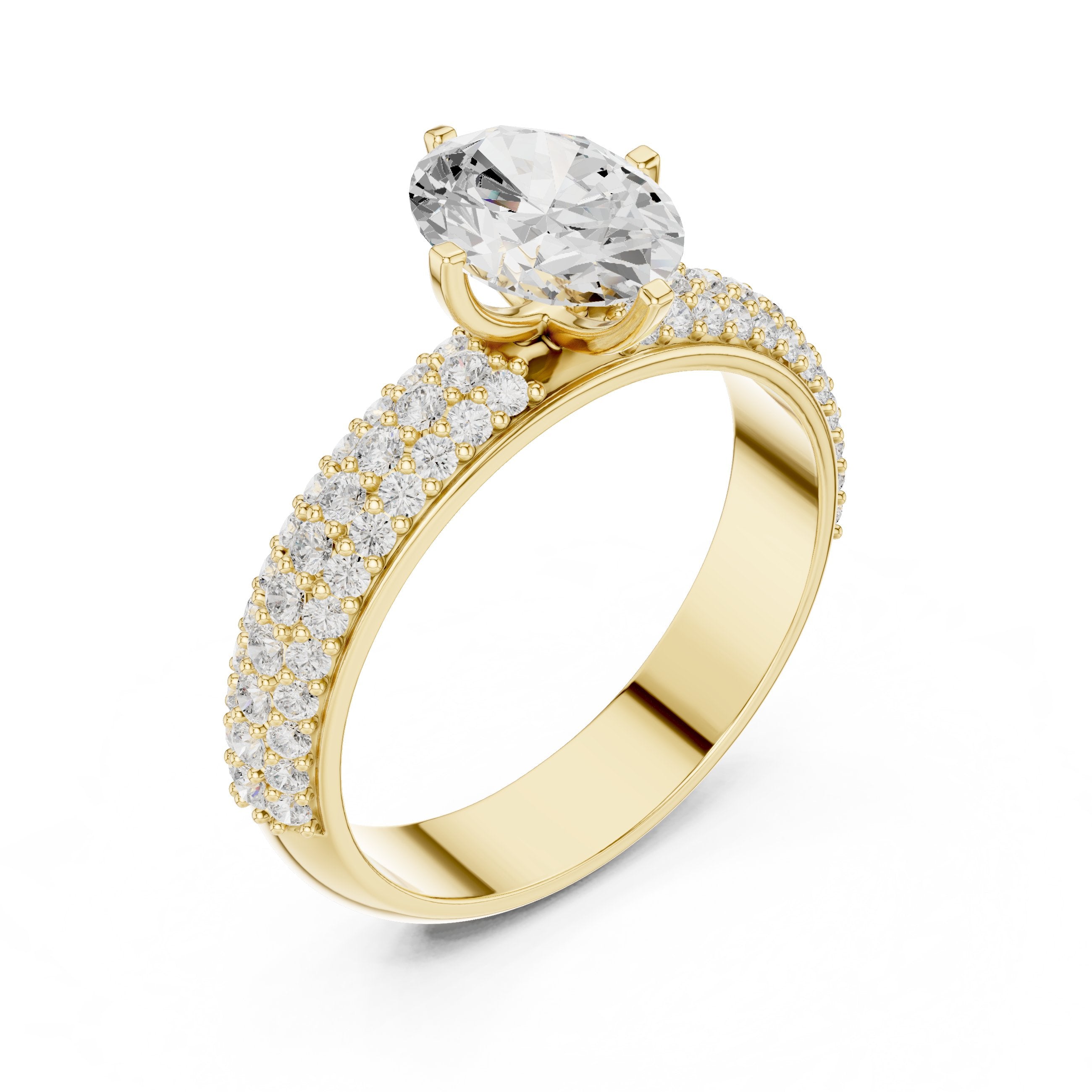 Oval Diamond Engagement Ring with Multi-Row Pavé Band in Yellow Gold - VYKA Diamonds