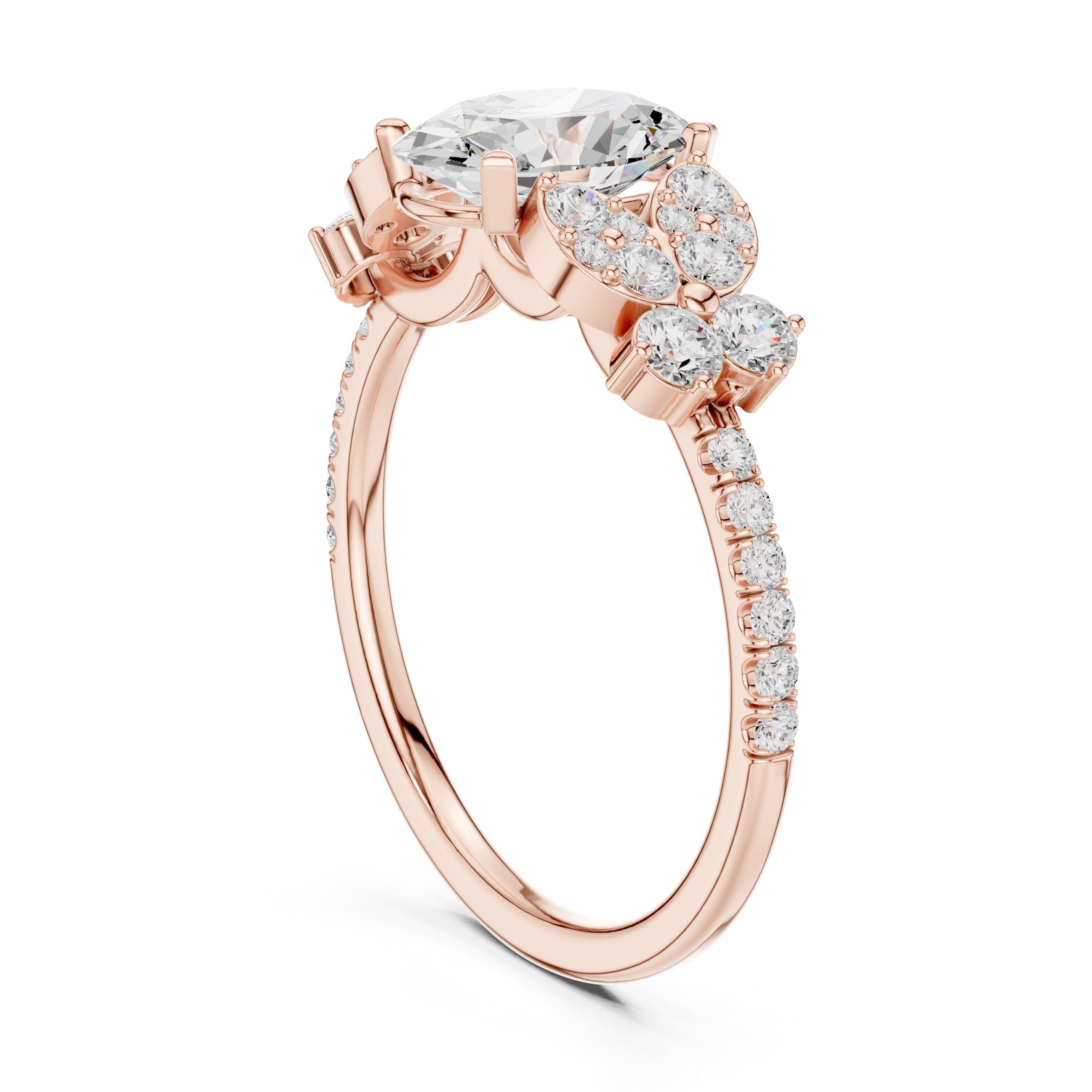 Oval Diamond Engagement Ring with Floral Cluster Side Accents and Pavé Band in Rose Gold - VYKA Diamonds