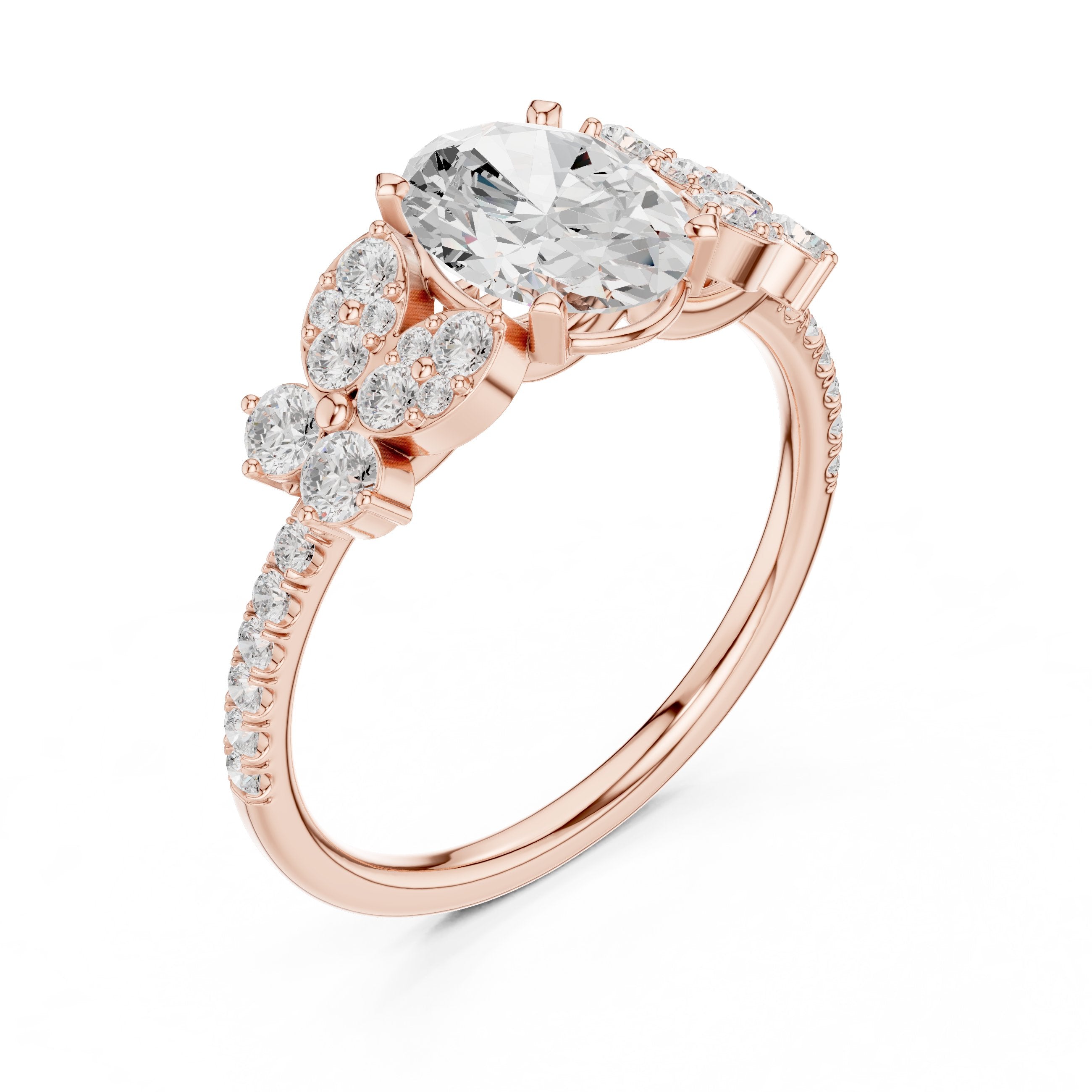 Oval Diamond Engagement Ring with Floral Cluster Side Accents and Pavé Band in Rose Gold - VYKA Diamonds