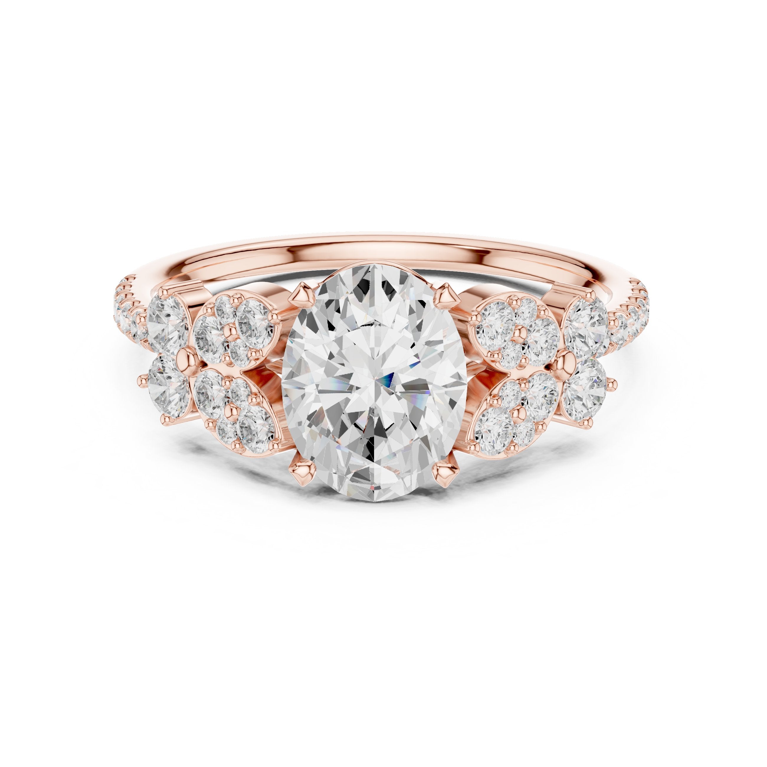 Oval Diamond Engagement Ring with Floral Cluster Side Accents and Pavé Band in Rose Gold - VYKA Diamonds