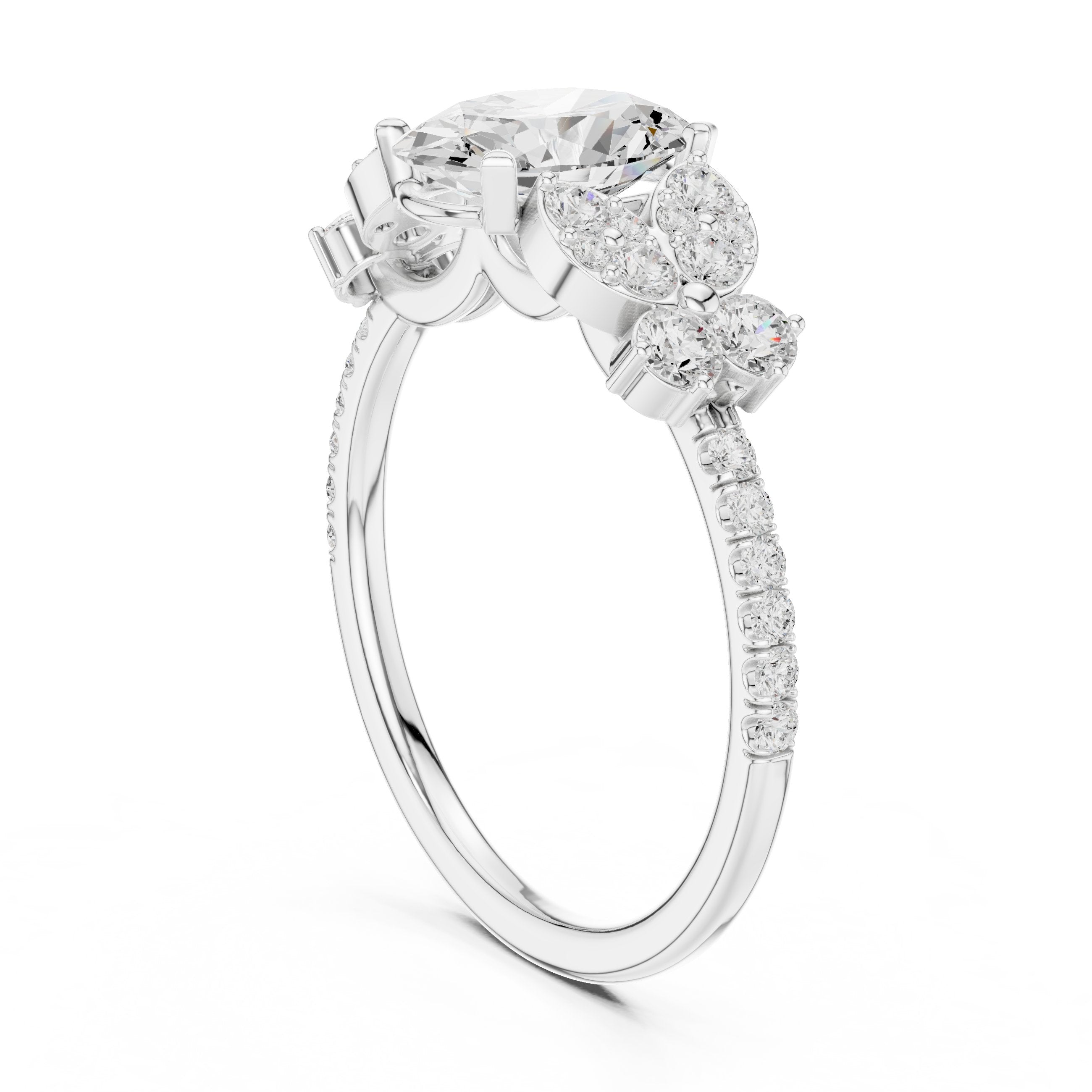 Oval Diamond Engagement Ring with Floral Cluster Side Accents and Pavé Band in White Gold - VYKA Diamonds