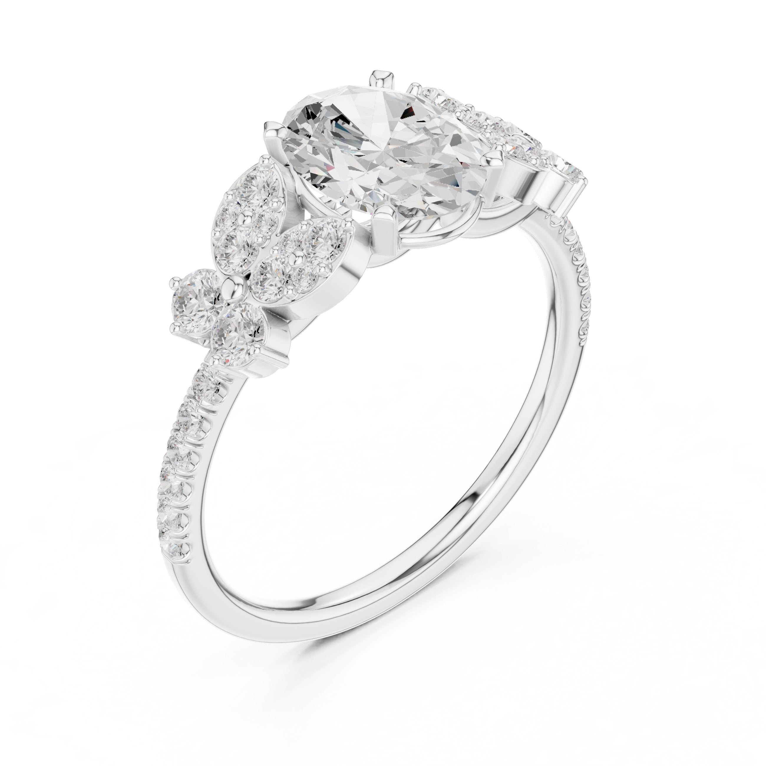 Oval Diamond Engagement Ring with Floral Cluster Side Accents and Pavé Band in White Gold - VYKA Diamonds