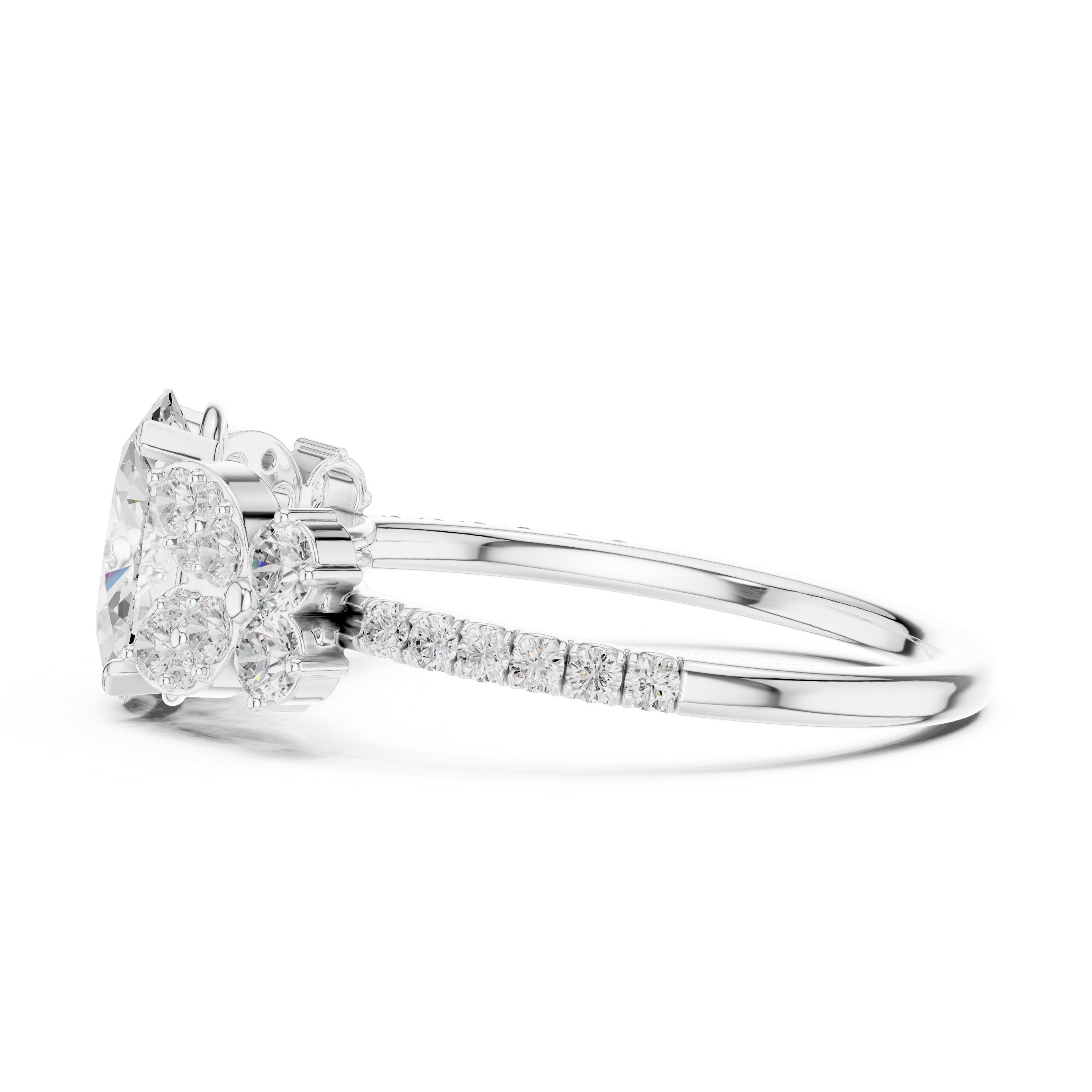 Oval Diamond Engagement Ring with Floral Cluster Side Accents and Pavé Band in White Gold - VYKA Diamonds