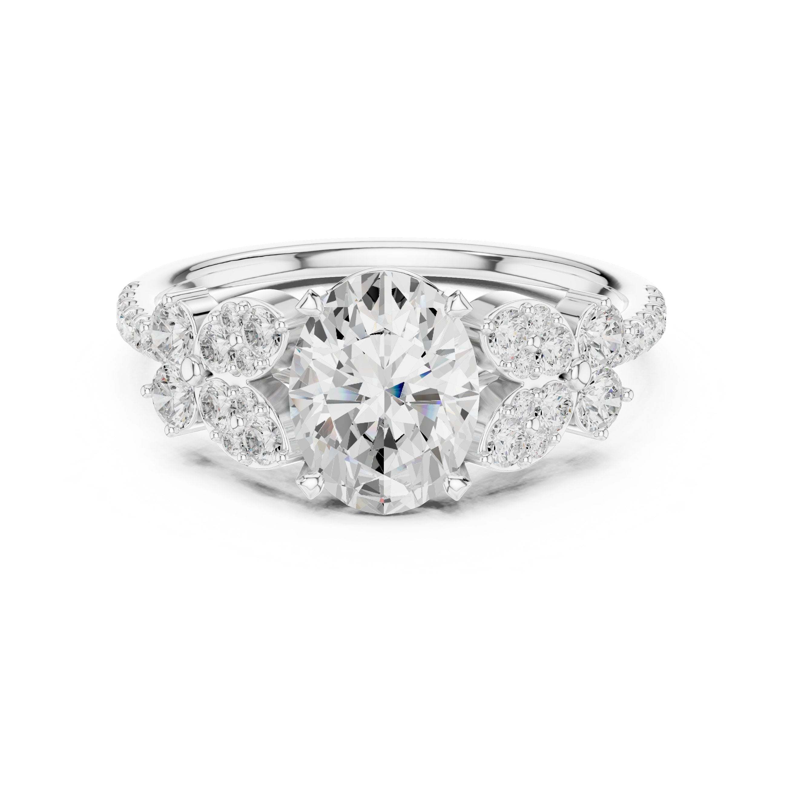 Oval Diamond Engagement Ring with Floral Cluster Side Accents and Pavé Band in White Gold - VYKA Diamonds