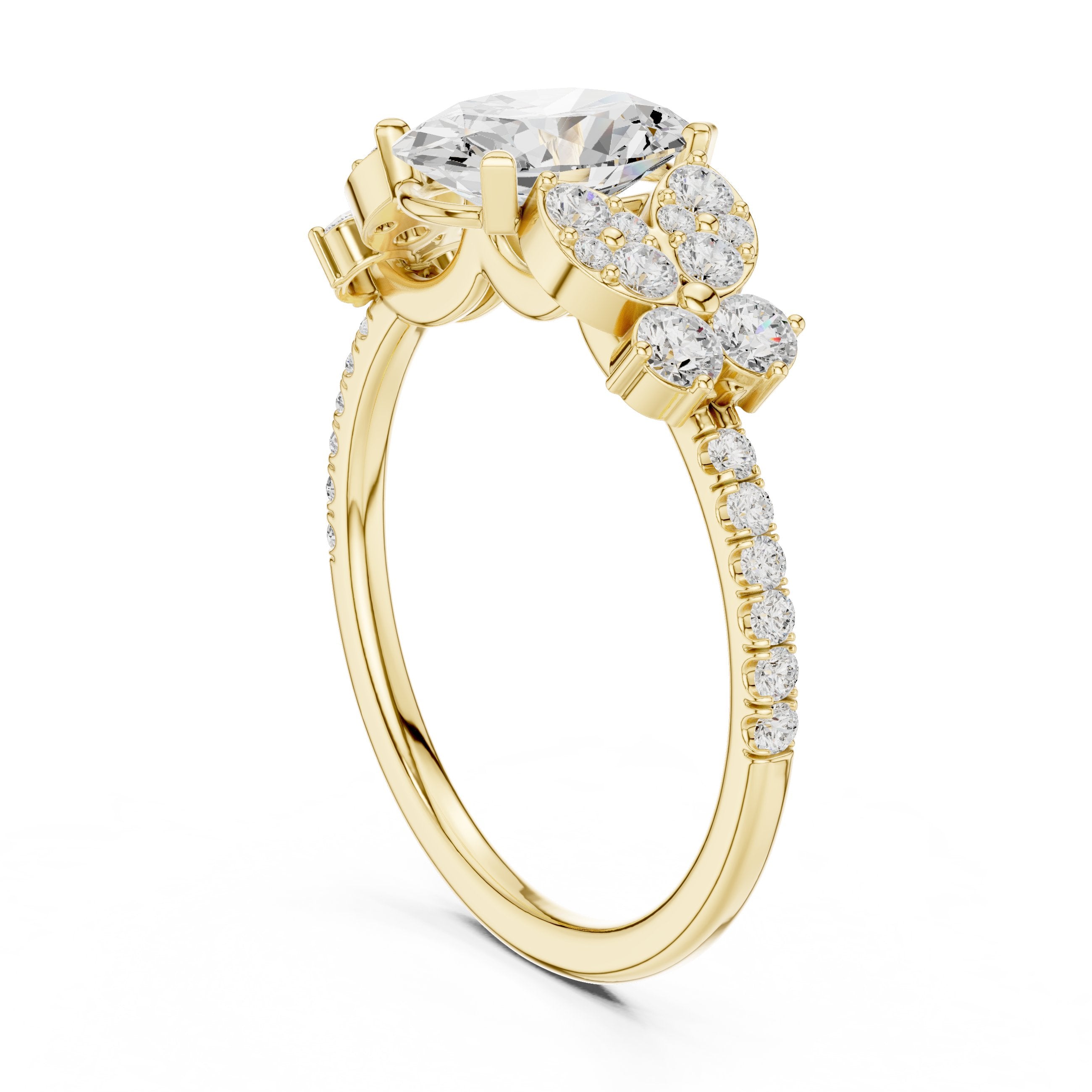 Oval Diamond Engagement Ring with Floral Cluster Side Accents and Pavé Band in Yellow Gold - VYKA Diamonds