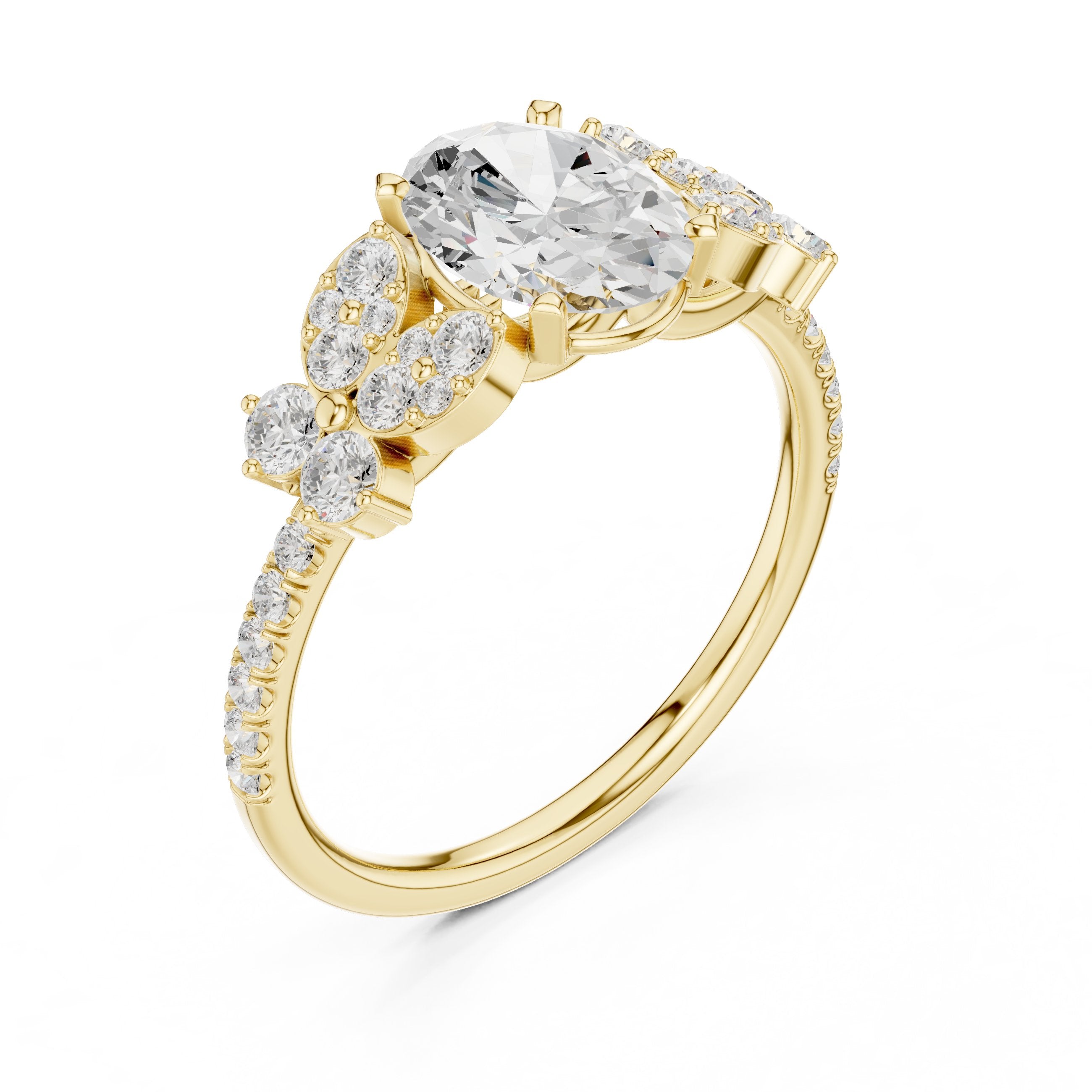 Oval Diamond Engagement Ring with Floral Cluster Side Accents and Pavé Band in Yellow Gold - VYKA Diamonds
