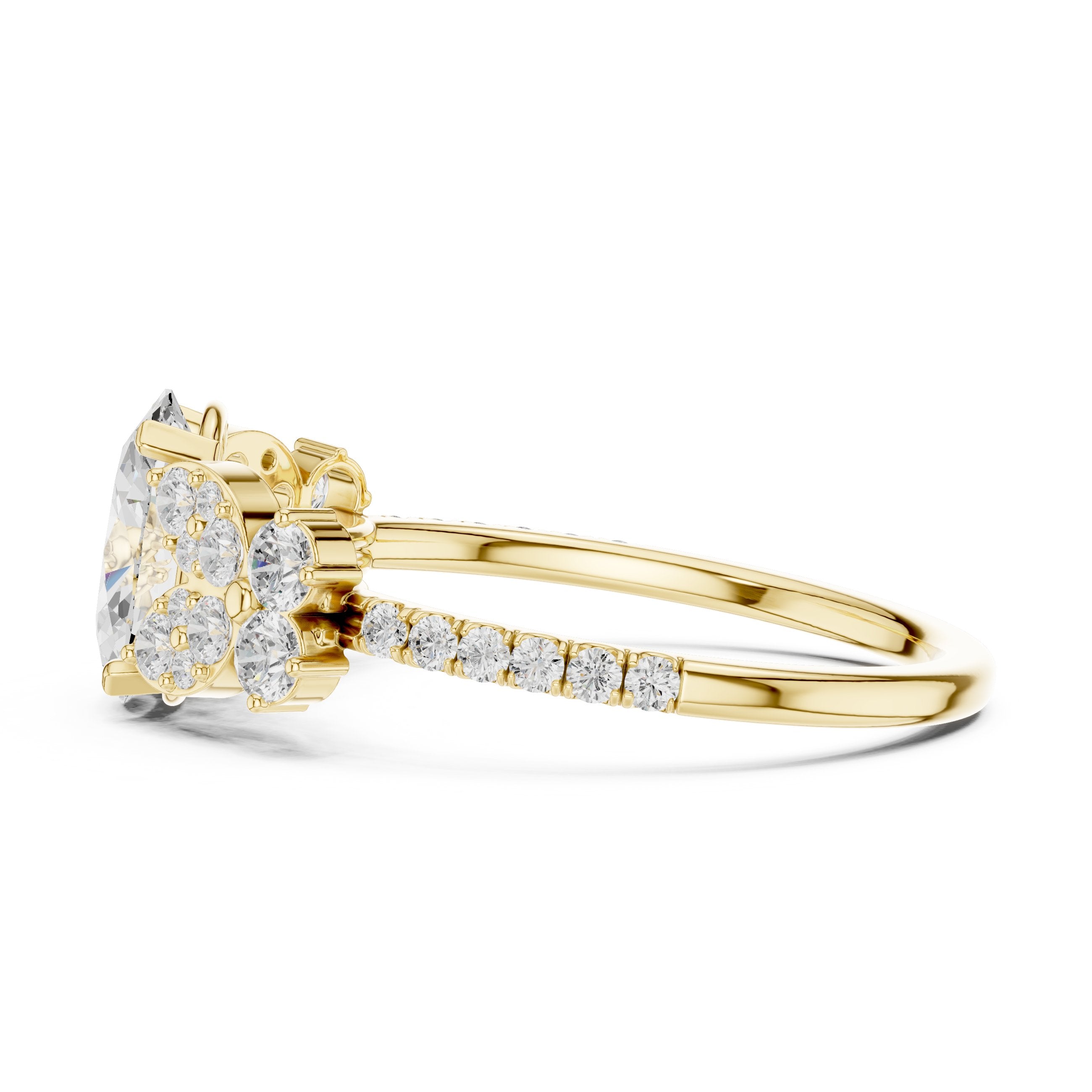 Oval Diamond Engagement Ring with Floral Cluster Side Accents and Pavé Band in Yellow Gold - VYKA Diamonds