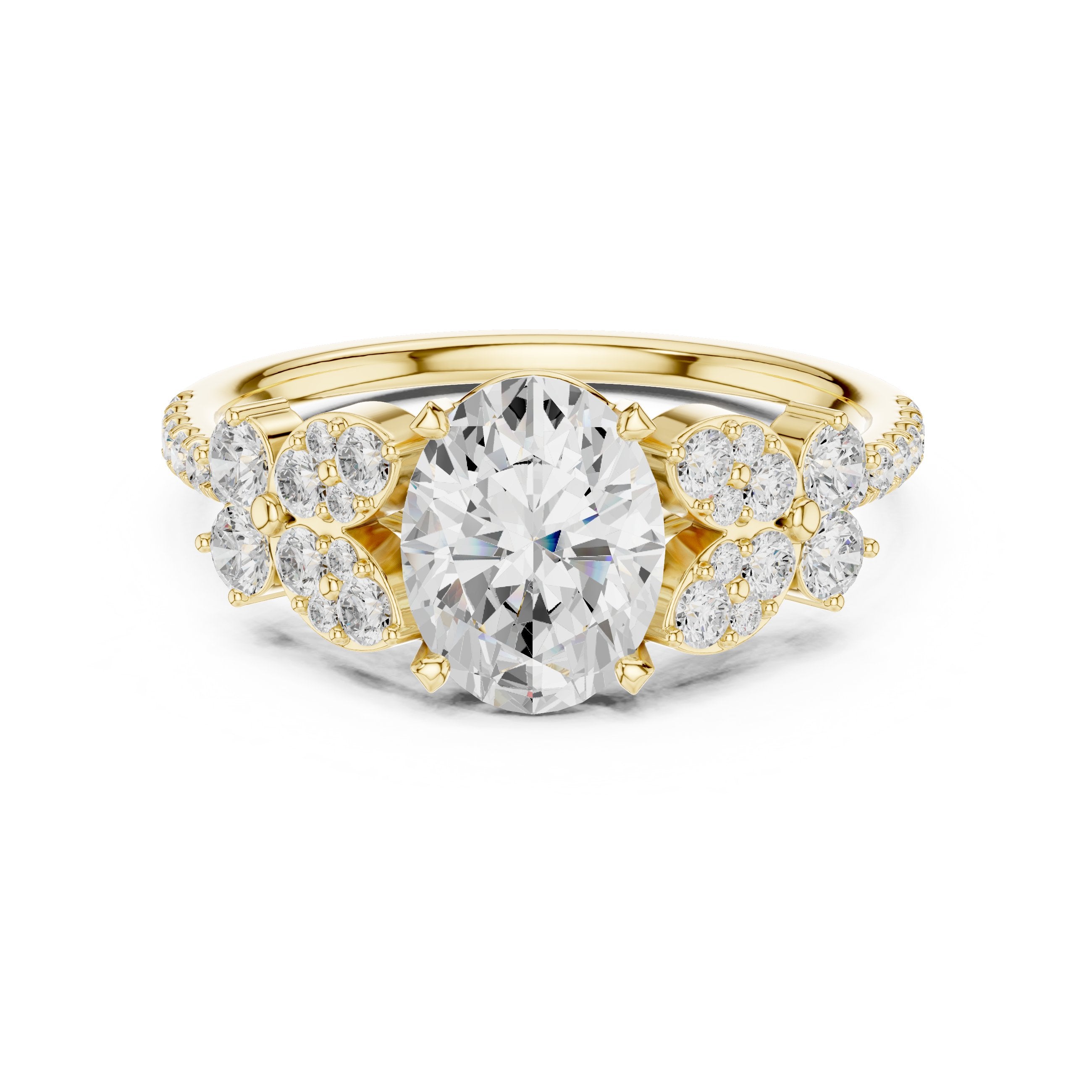 Oval Diamond Engagement Ring with Floral Cluster Side Accents and Pavé Band in Yellow Gold - VYKA Diamonds