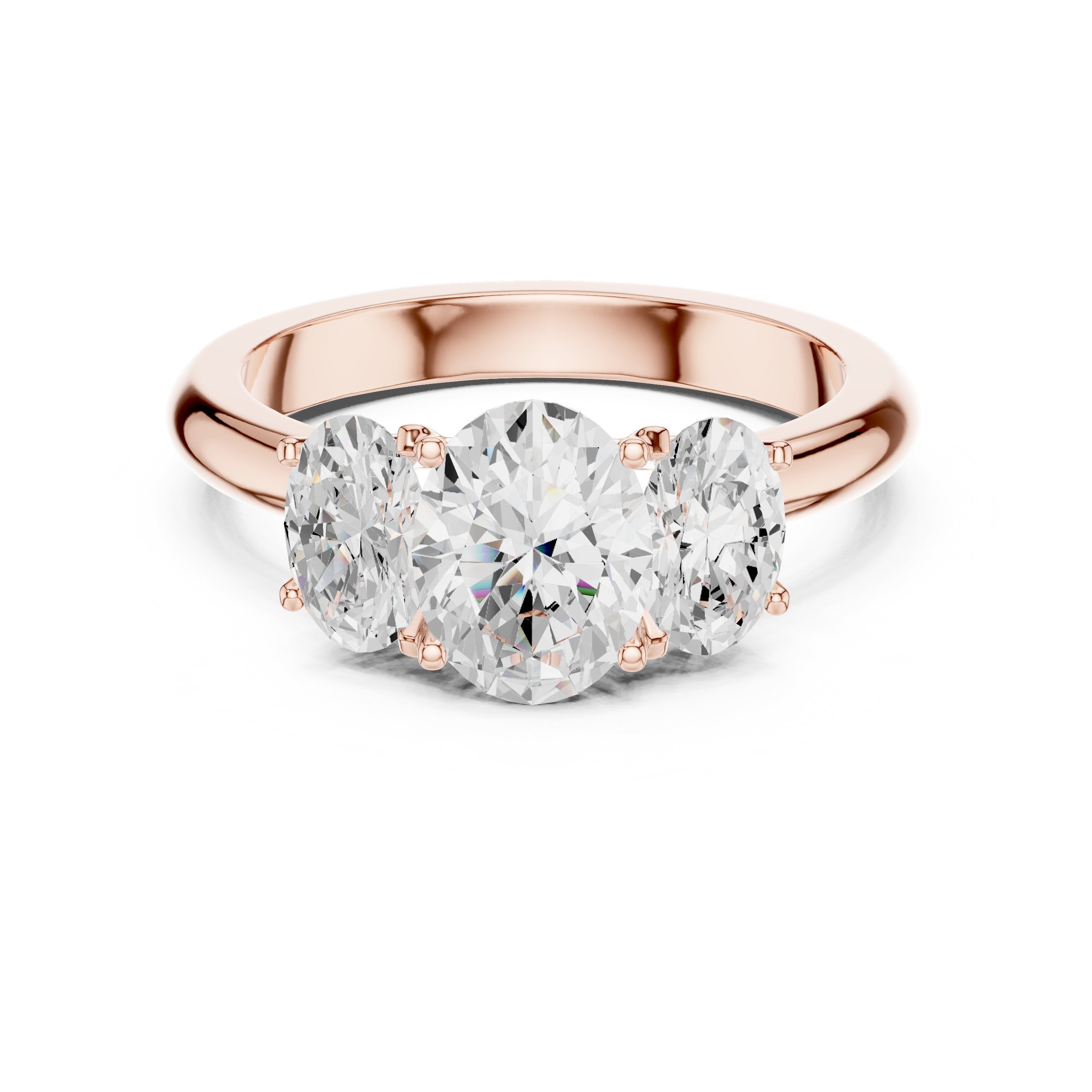 Oval Diamond Three Stone Engagement Ring with Oval Sides in Rose Gold - VYKA Diamonds