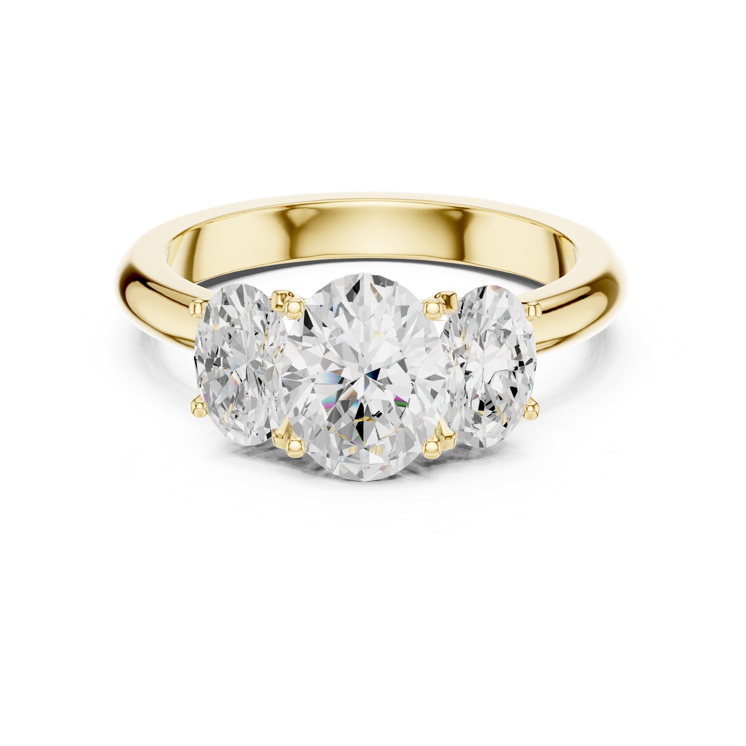 Oval Diamond Three Stone Engagement Ring with Oval Sides in Yellow Gold - VYKA Diamonds