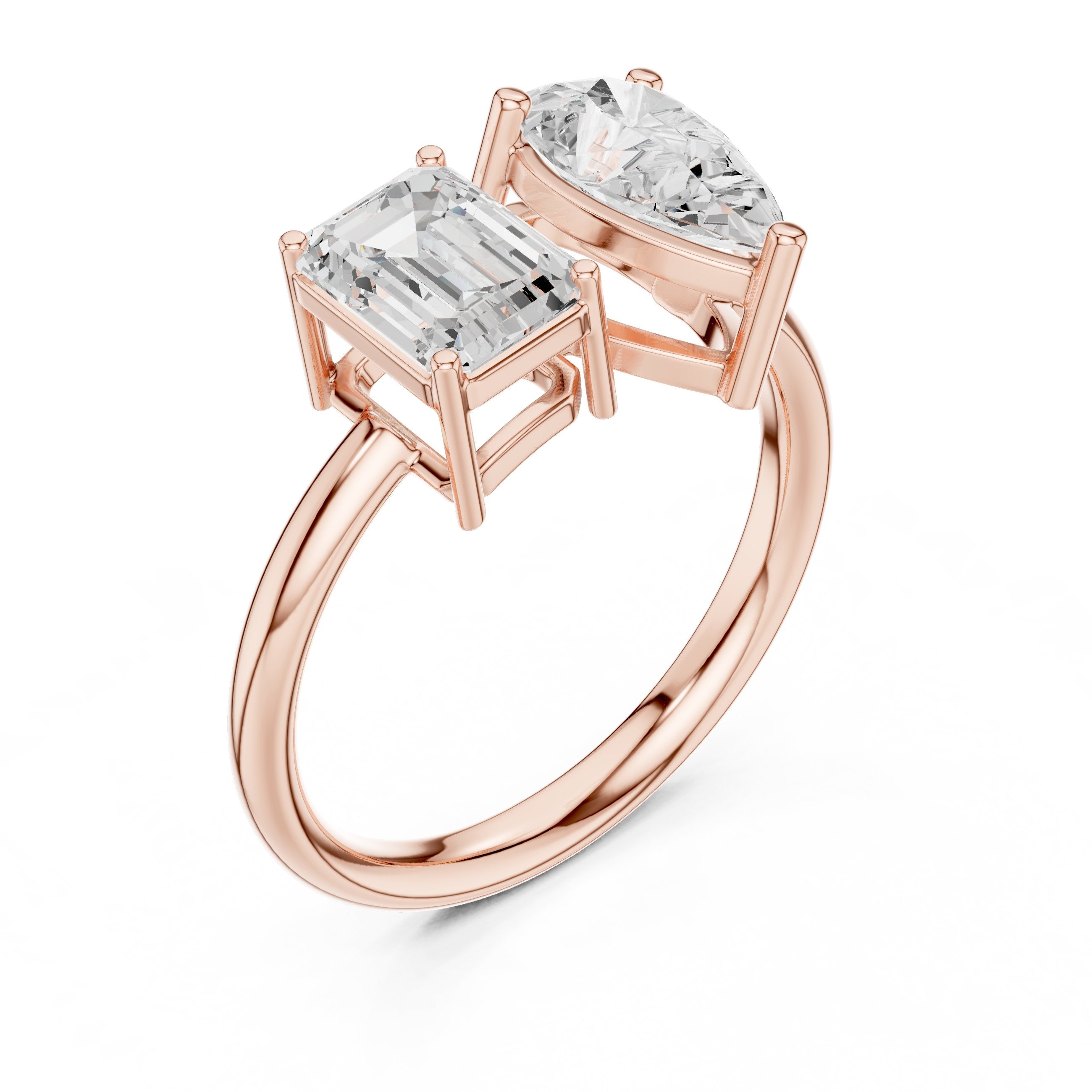 Emerald and Pear Toi et Moi Engagement Ring in Rose Gold - VYKA Diamonds