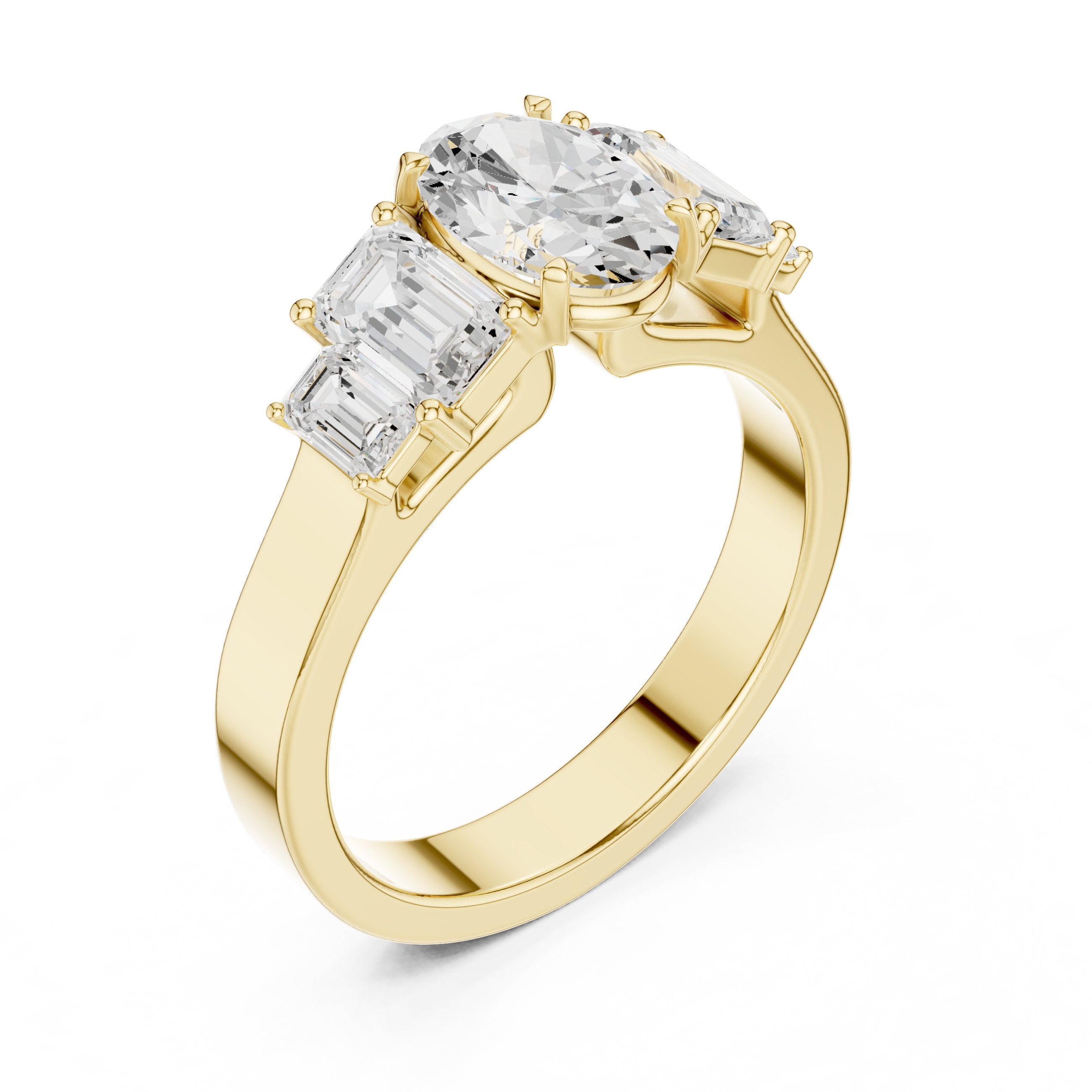 Oval Diamond Engagement Ring with Tapered Baguette Side Accents and Knife Edge Band in Yellow Gold - VYKA Diamonds