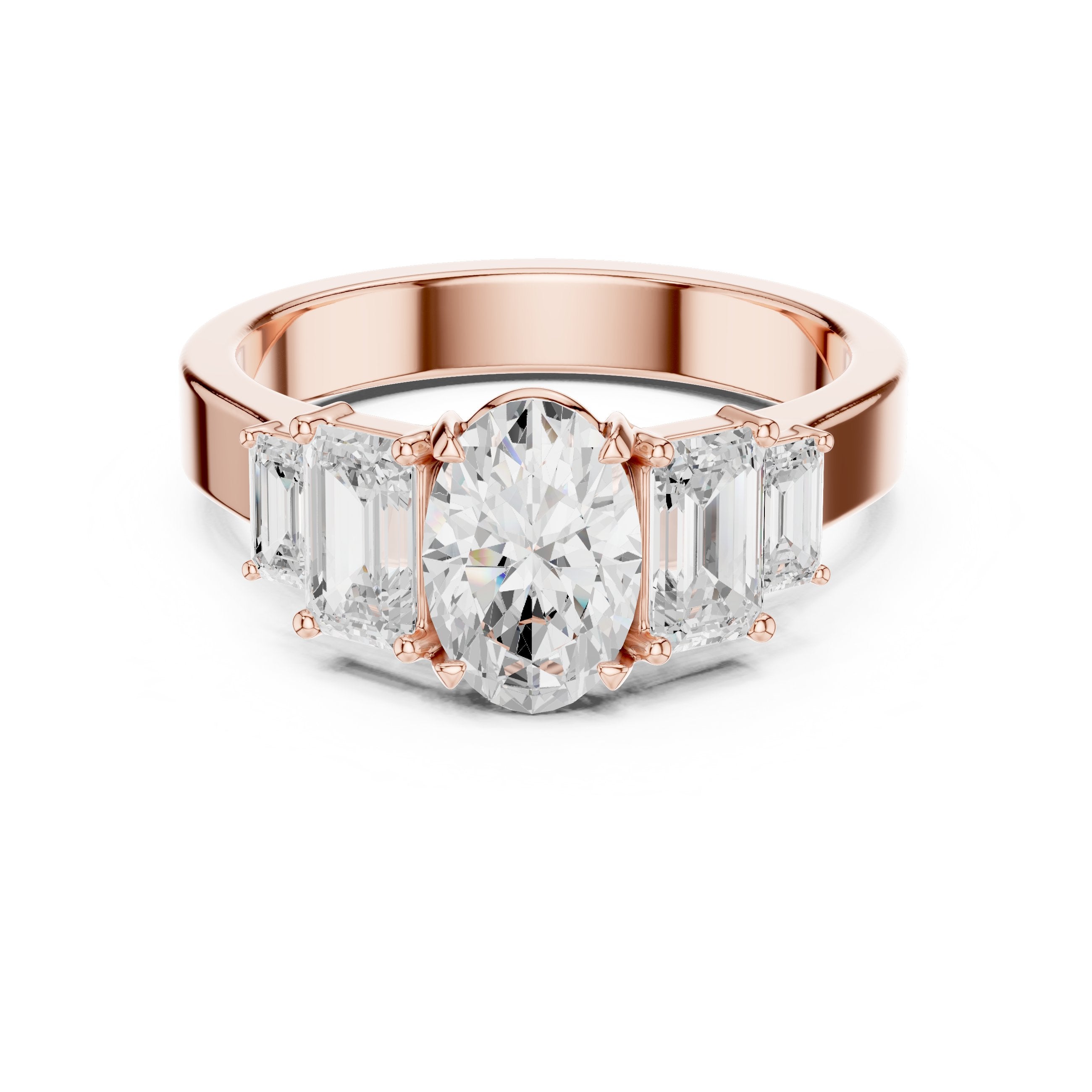 Oval Diamond Engagement Ring with Tapered Baguette Side Accents and Knife Edge Band in Rose Gold - VYKA Diamonds