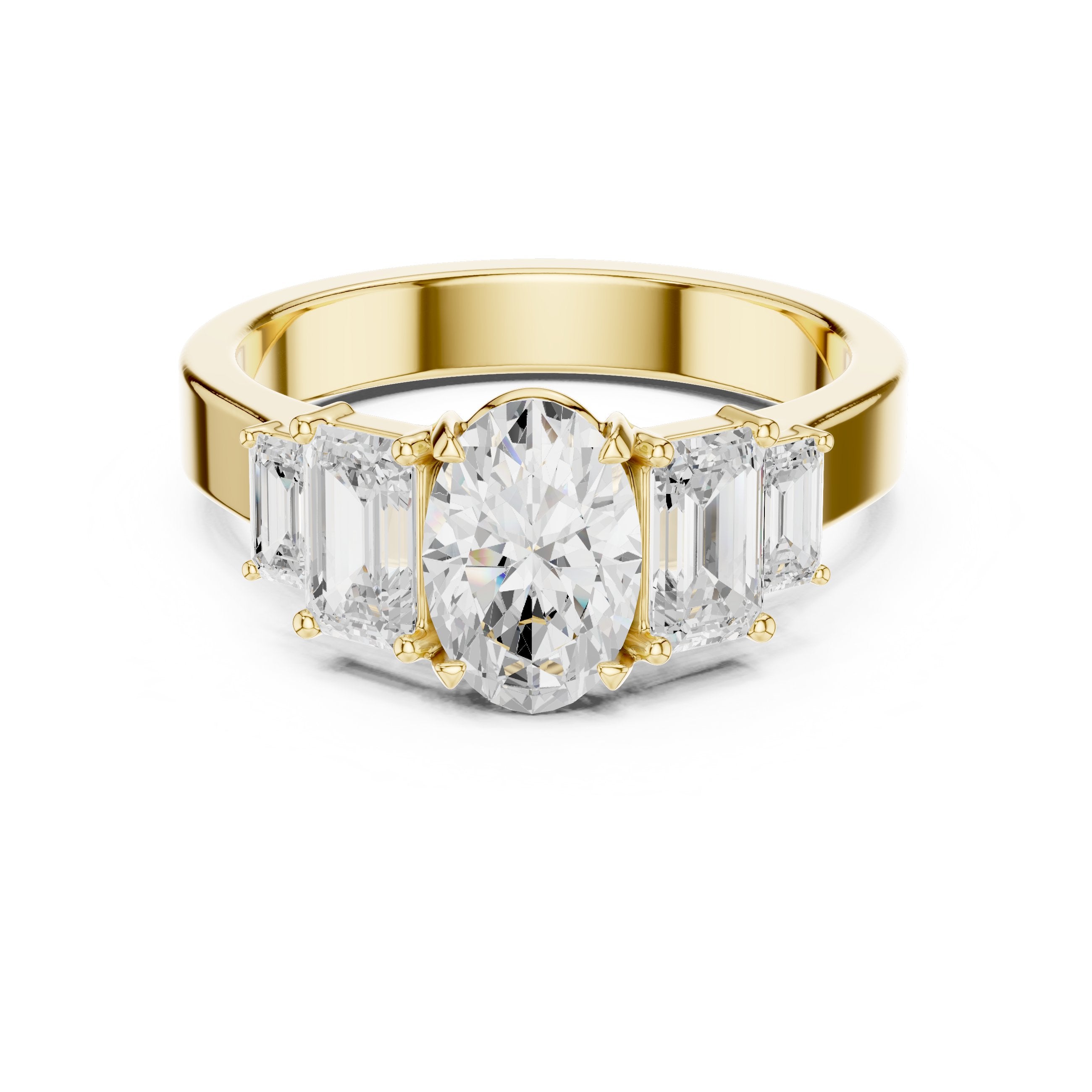 Oval Diamond Engagement Ring with Tapered Baguette Side Accents and Knife Edge Band in Yellow Gold - VYKA Diamonds