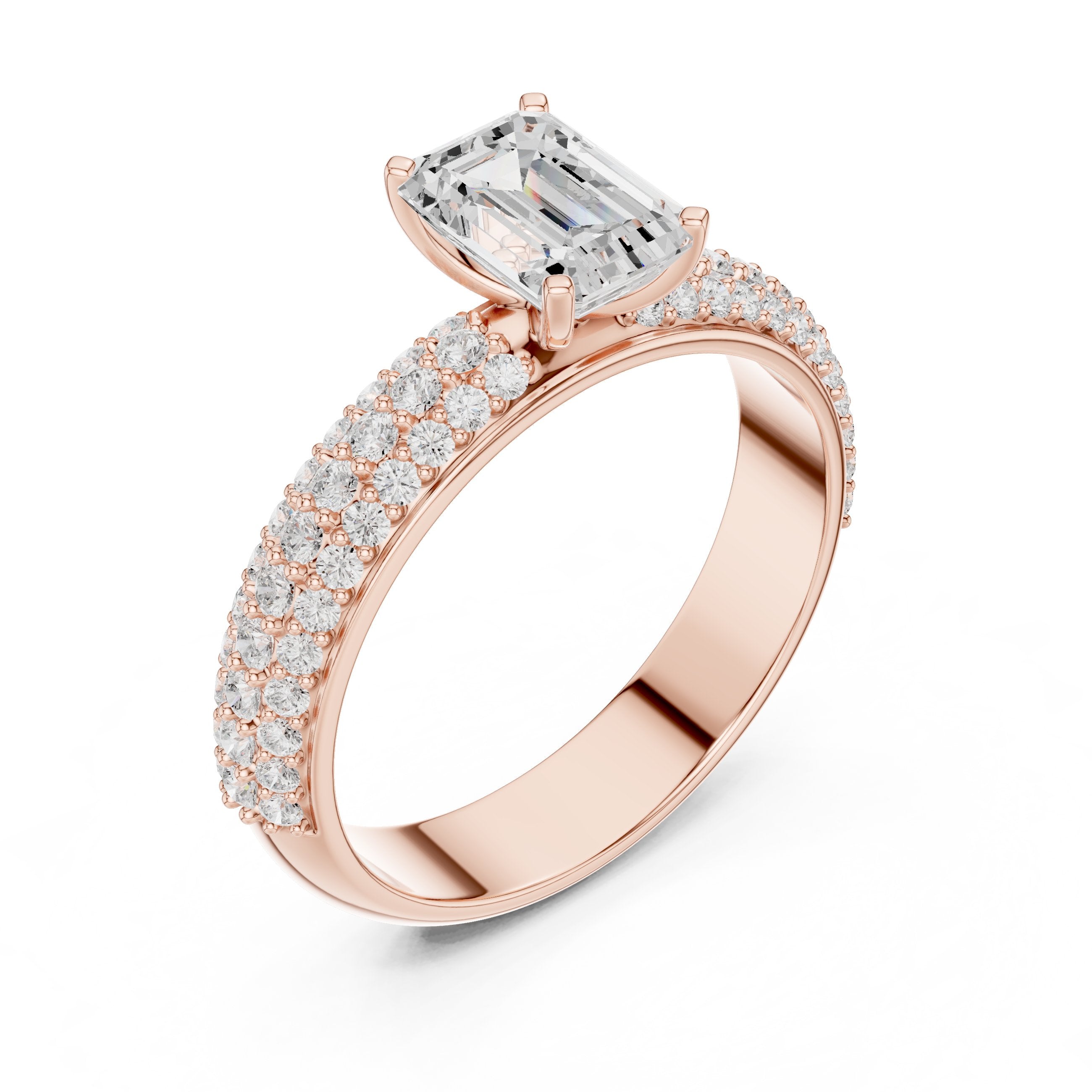 Emerald Cut Engagement Ring with Wide Pavé Band in Rose Gold - VYKA Diamonds