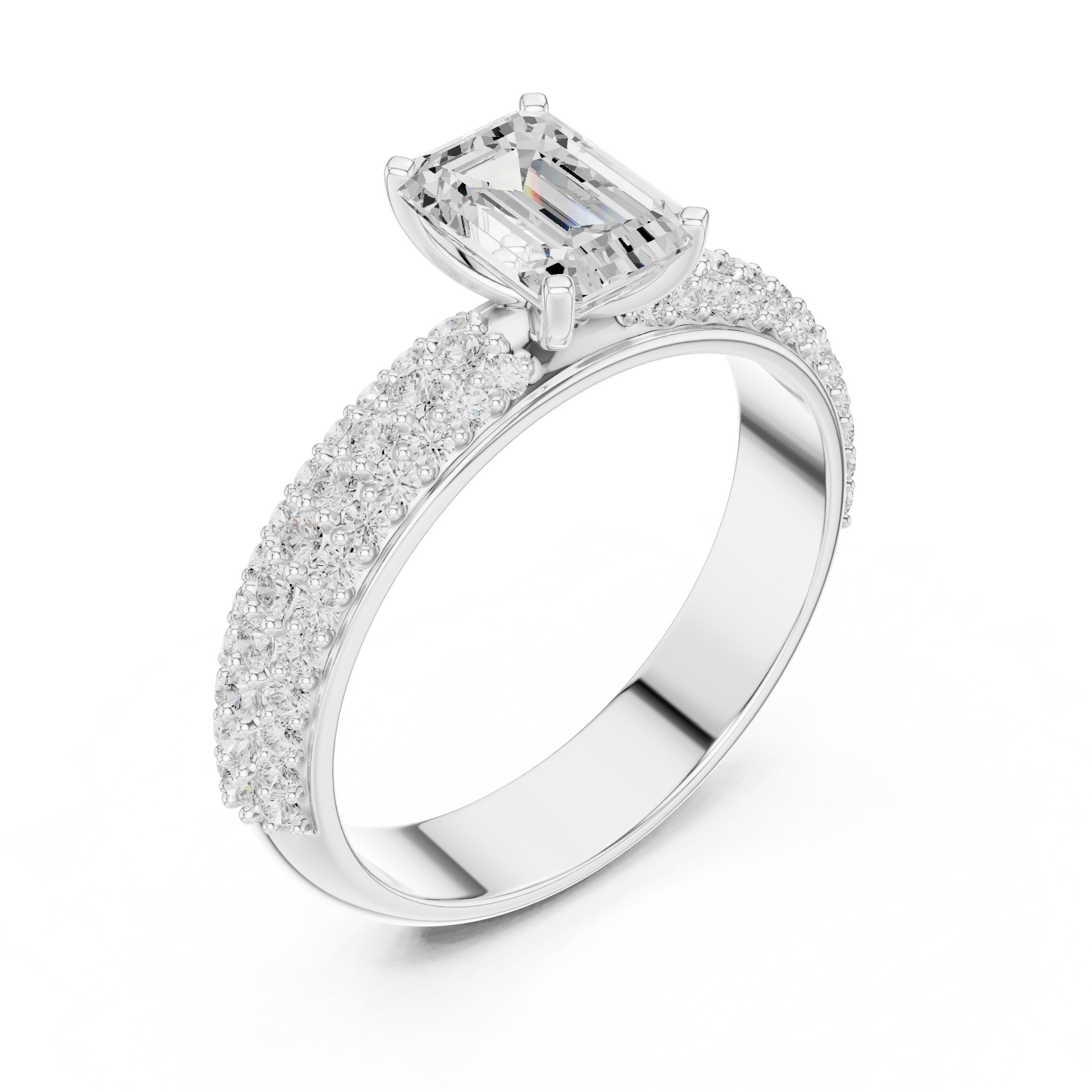 Emerald Cut Engagement Ring with Wide Pavé Band in White Gold - VYKA Diamonds