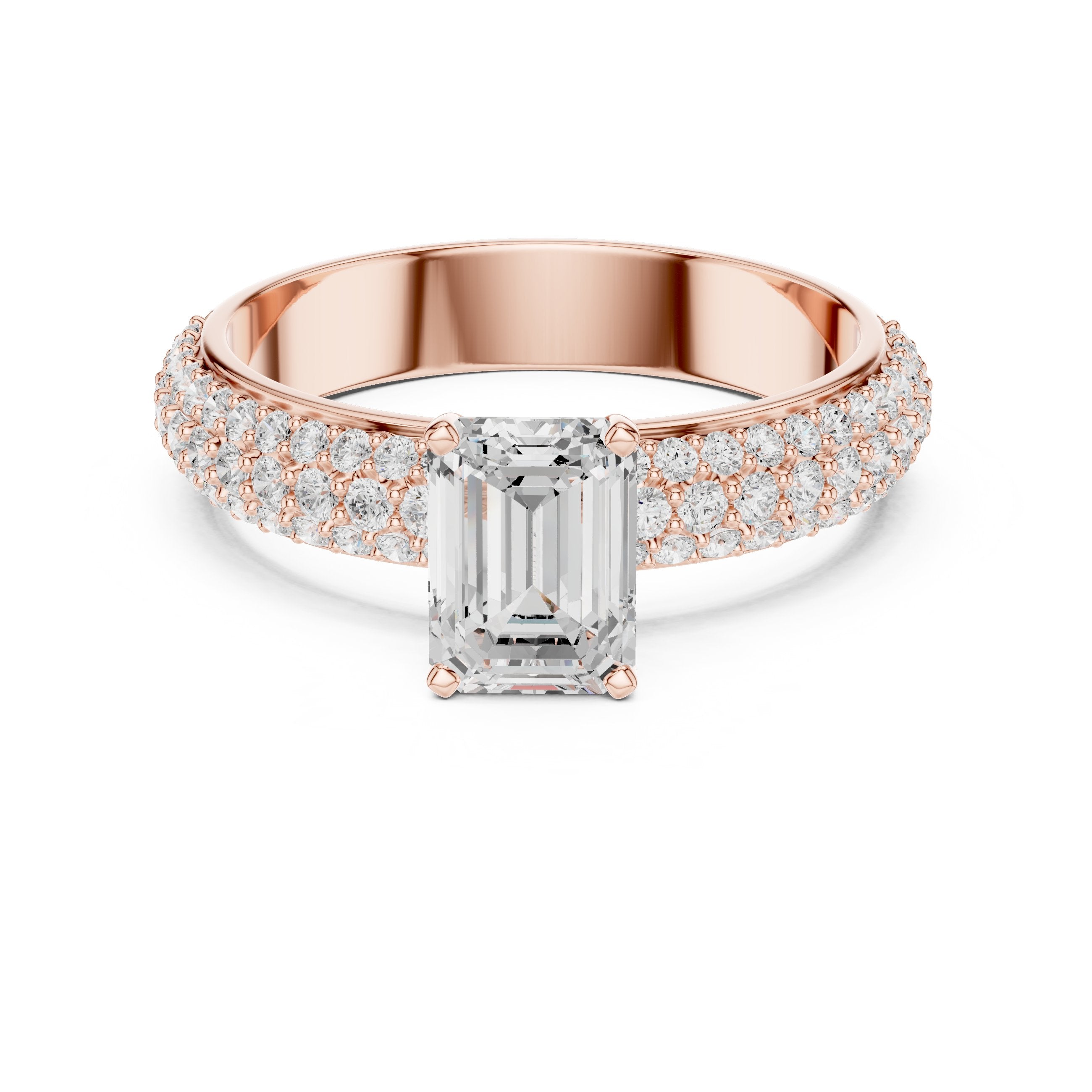 Emerald Cut Engagement Ring with Wide Pavé Band in Rose Gold - VYKA Diamonds