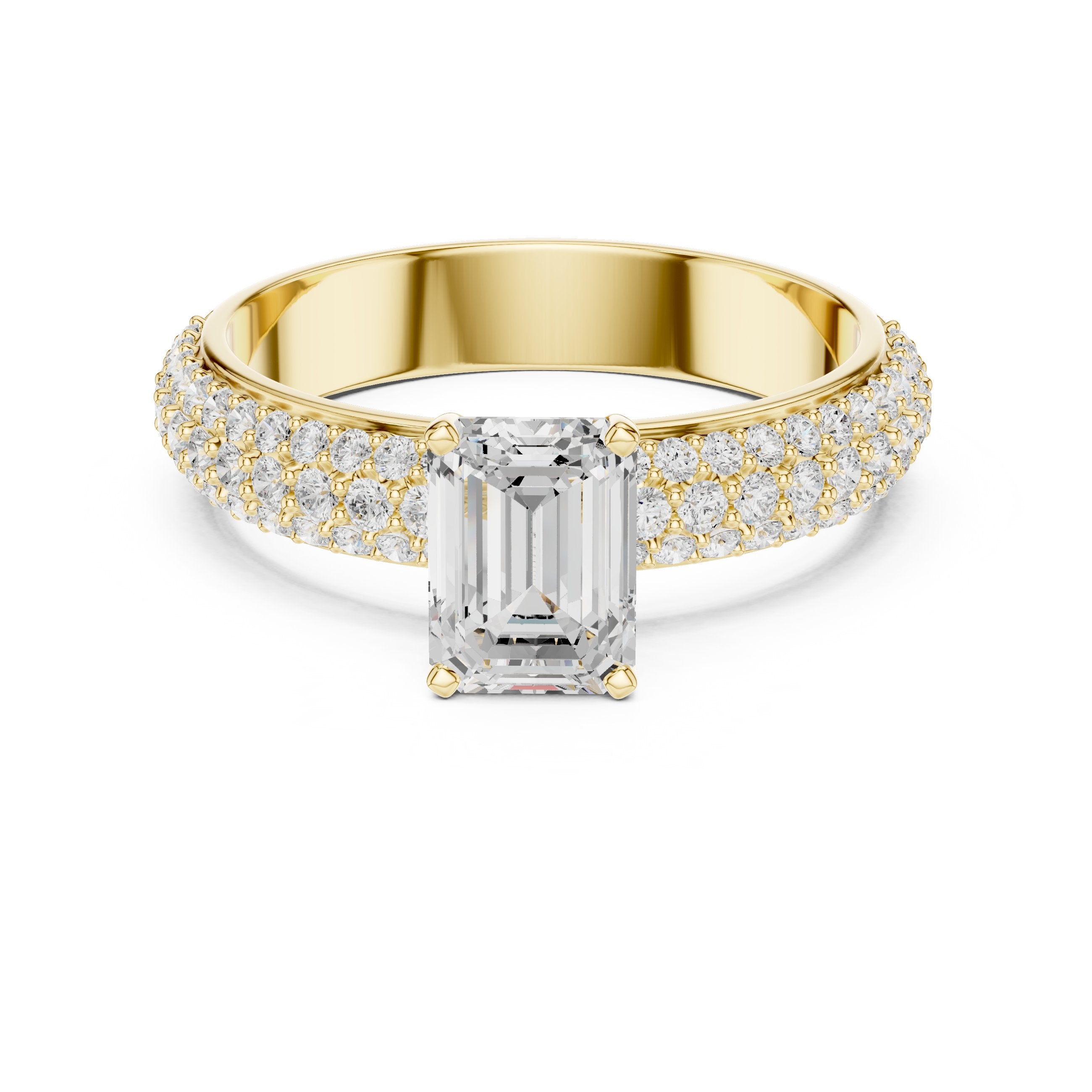Emerald Cut Engagement Ring with Wide Pavé Band in Yellow Gold - VYKA Diamonds