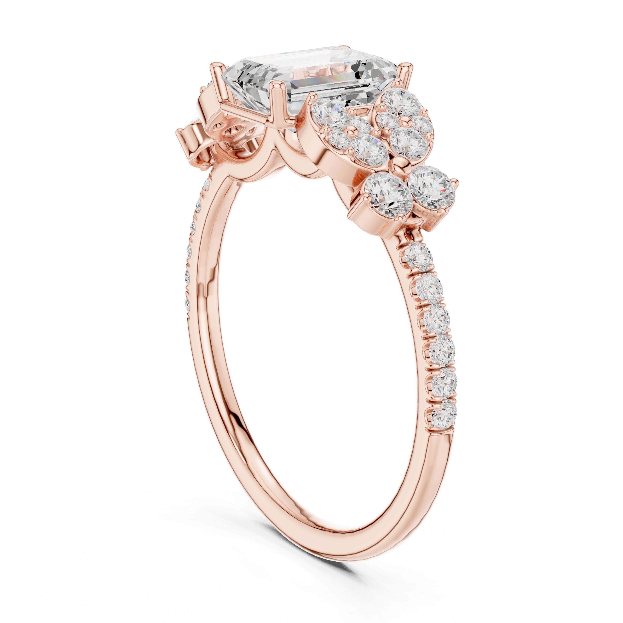 Emerald Cut Engagement Ring with Floral Side Cluster Accents in Rose Gold - VYKA Diamonds