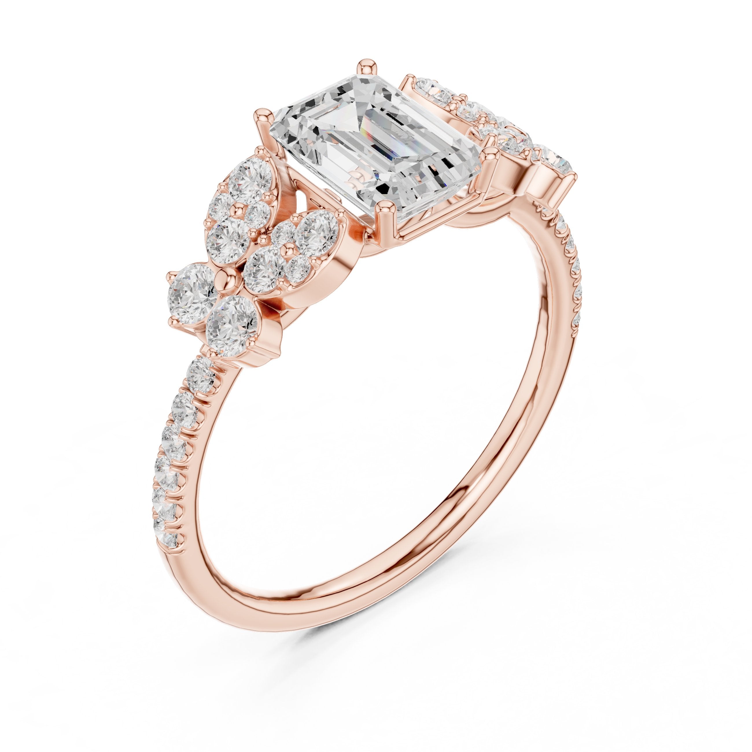 Emerald Cut Engagement Ring with Floral Side Cluster Accents in Rose Gold - VYKA Diamonds