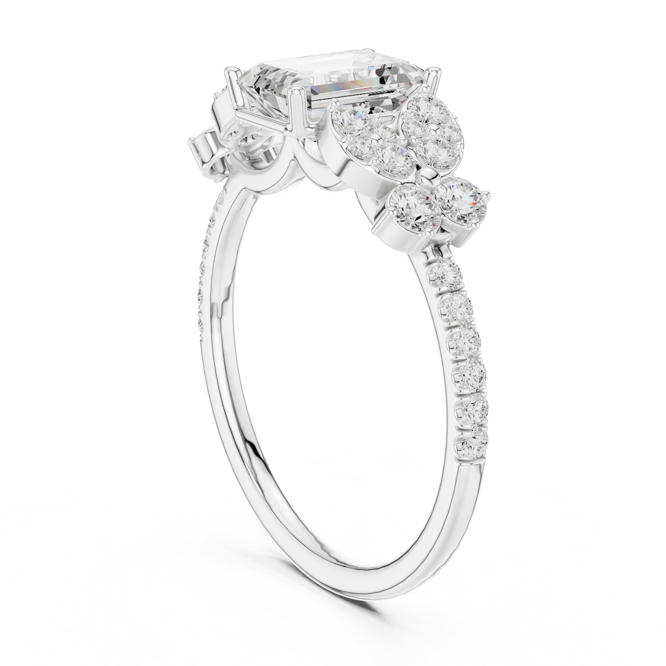 Emerald Cut Engagement Ring with Floral Side Cluster Accents in White Gold - VYKA Diamonds